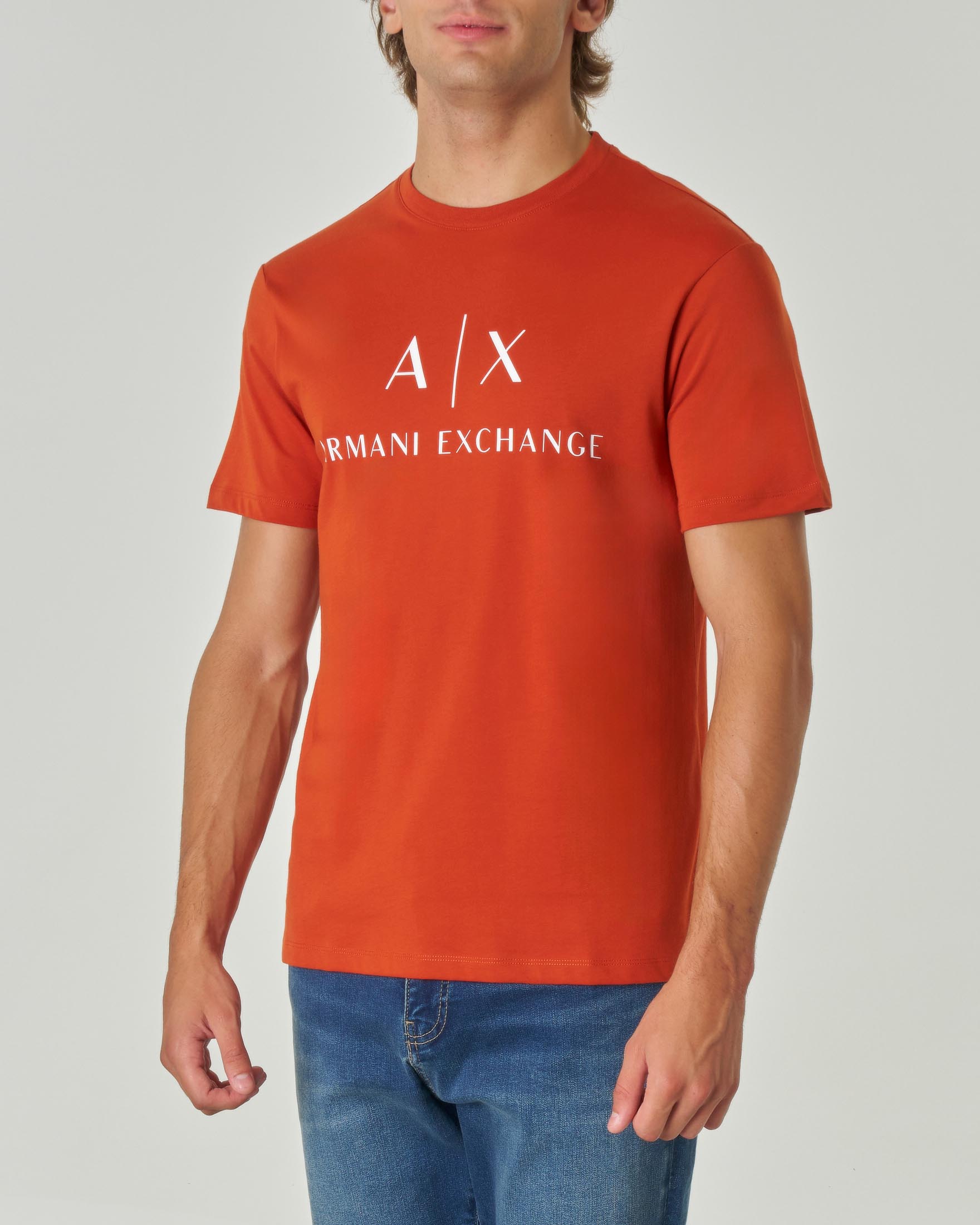 T-shirt arancione mezza manica in cotone con logo AX stampato in contrasto sul petto