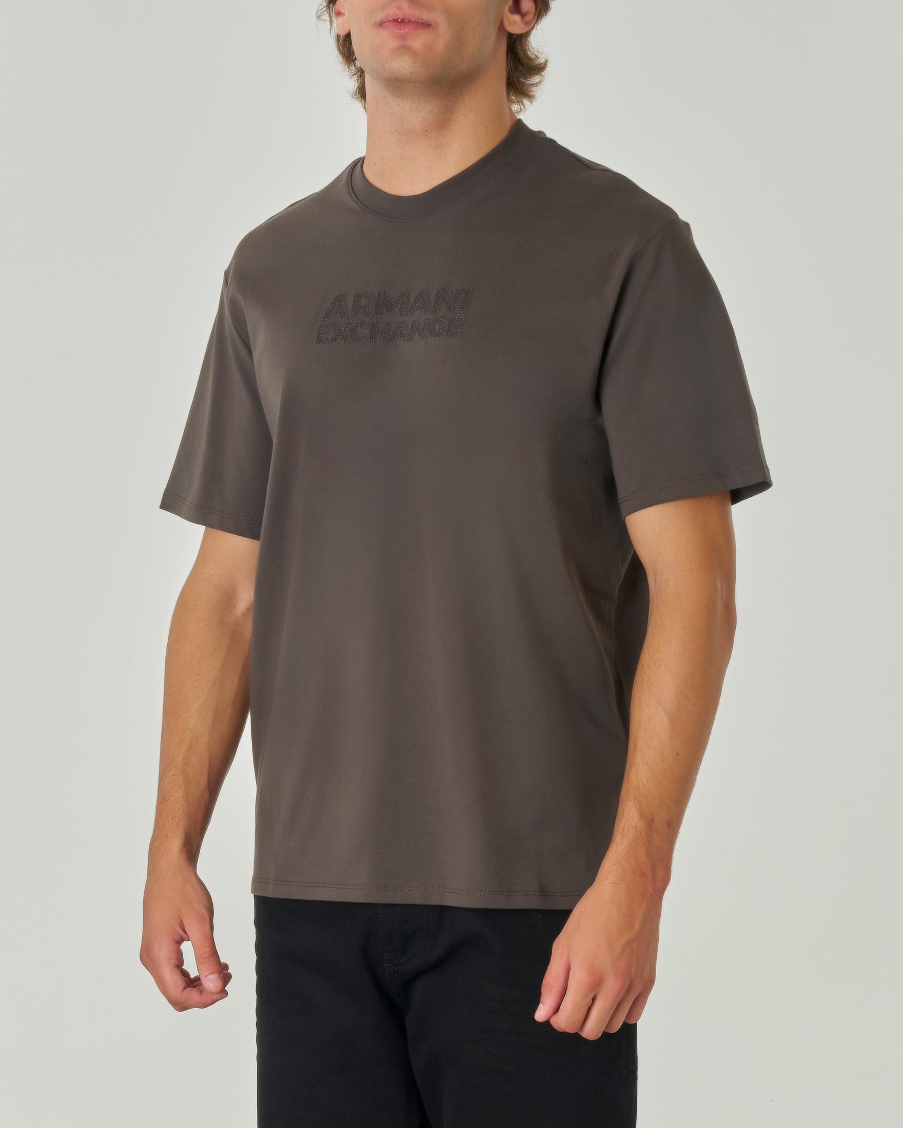 T-shirt verde militare mezza manica con logo scritta in tono ricamata davanti