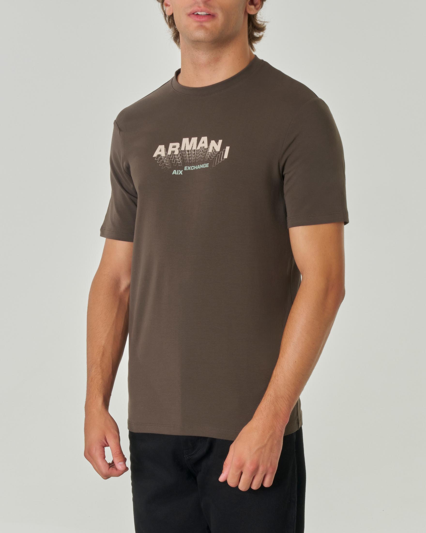 T-shirt verde militare mezza manica in cotone con logo scritta 3D in contrasto sul petto