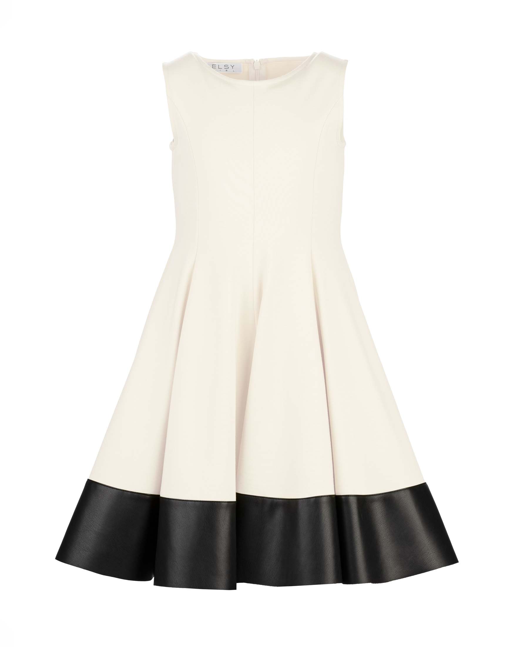 Abito Elsy fit and flare avorio con gonna a faldoni e dettaglio in ecopelle nero