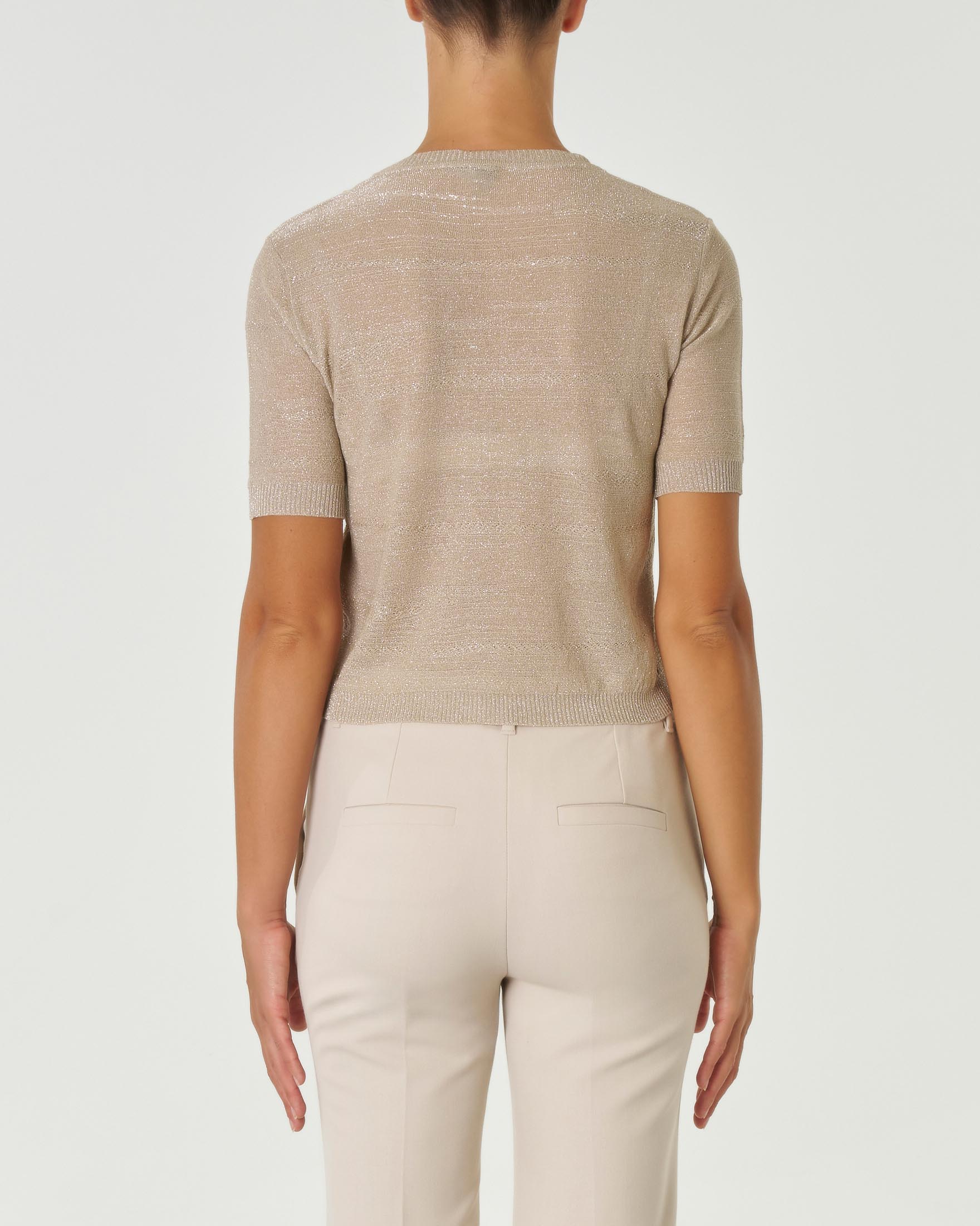 Maglia color oro in misto viscosa con inserti in lurex a maniche corte