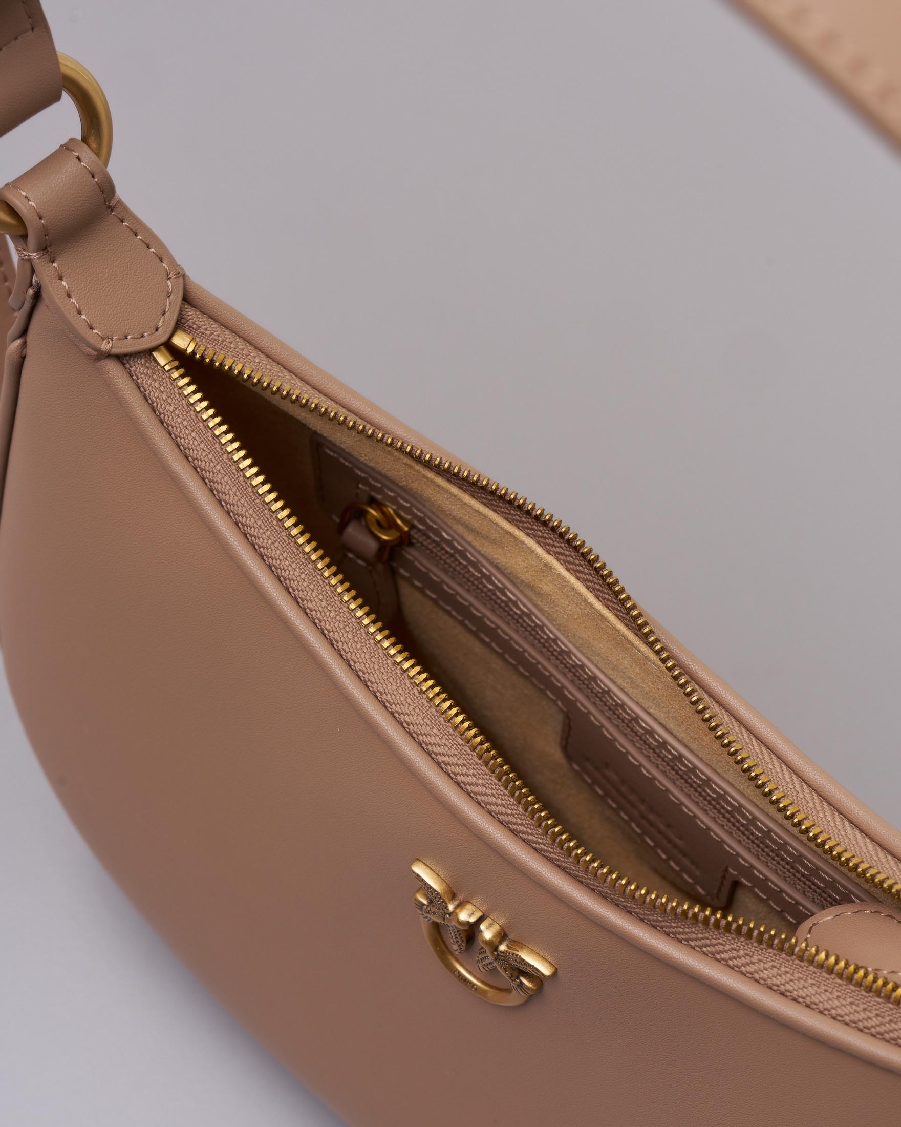 Baby Love Bag Half Moon Pinko in pelle liscia color cammello con logo Love Birds dorato in metallo frontale image