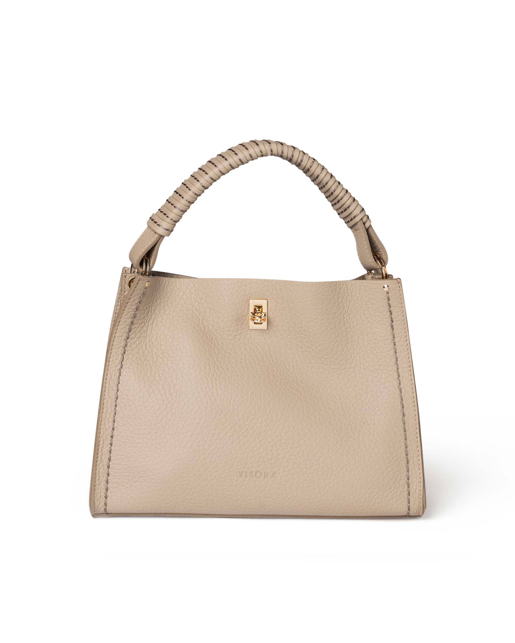 Borsa color taupe in pelle martellata con manico intrecciato a tracolla più lunga removibile