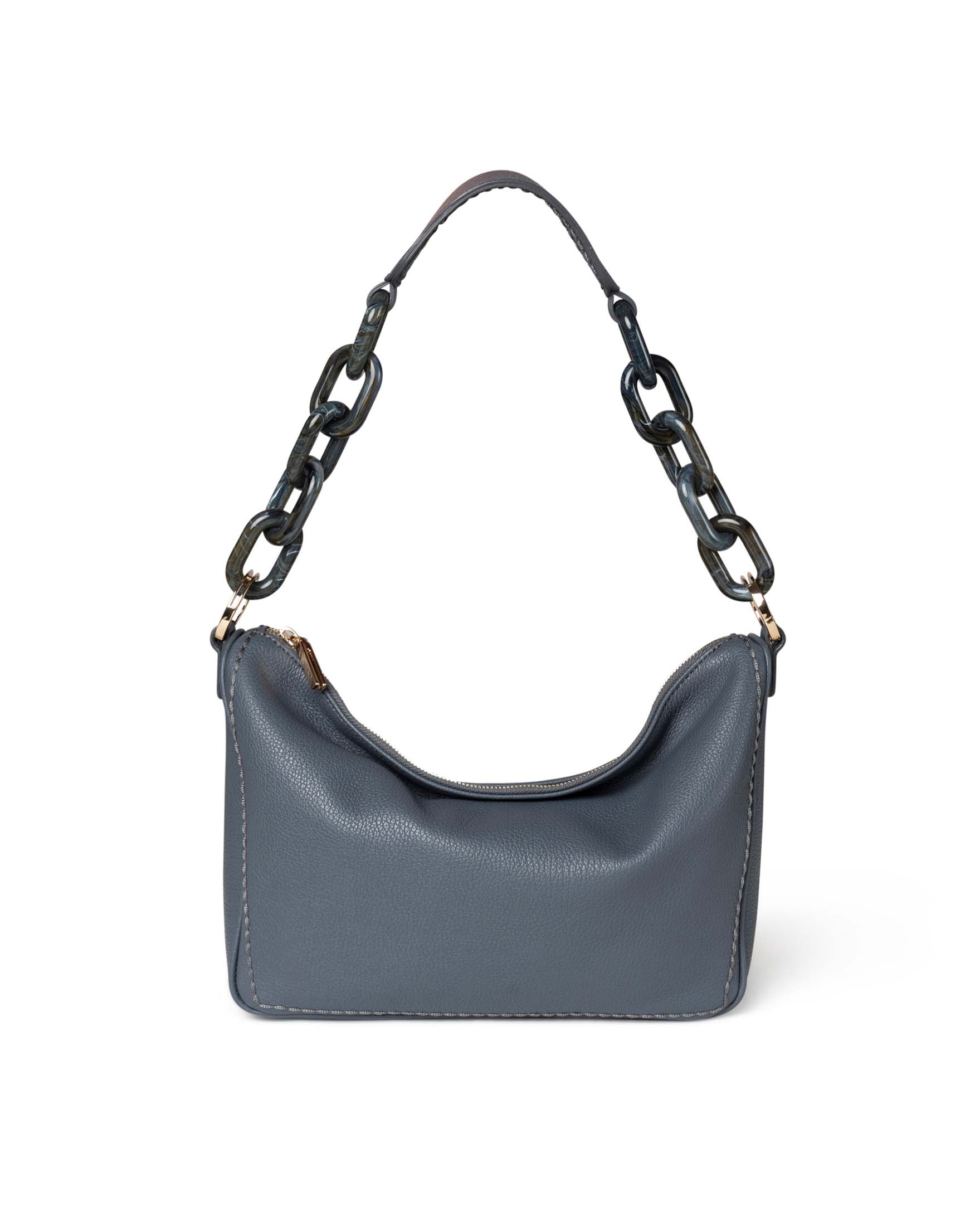 Borsa color avio in pelle martellata con tracolla in resina