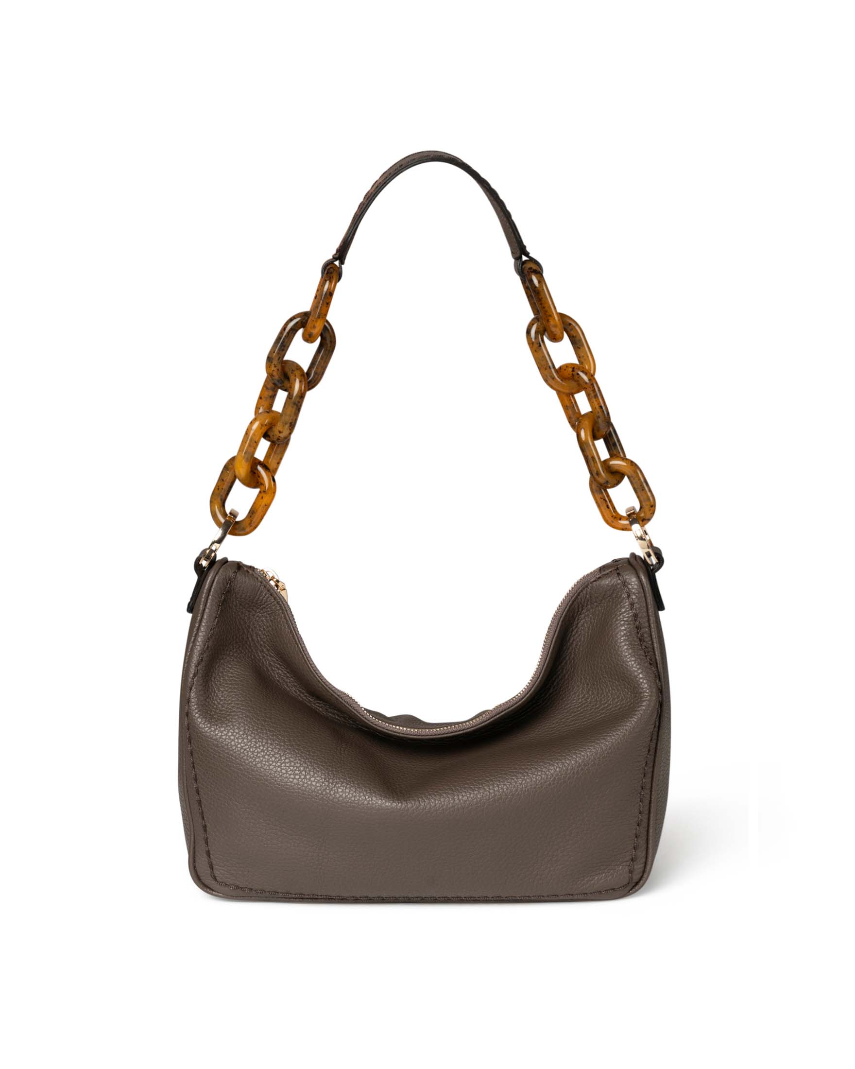 Borsa color fango in pelle martellata con tracolla in resina