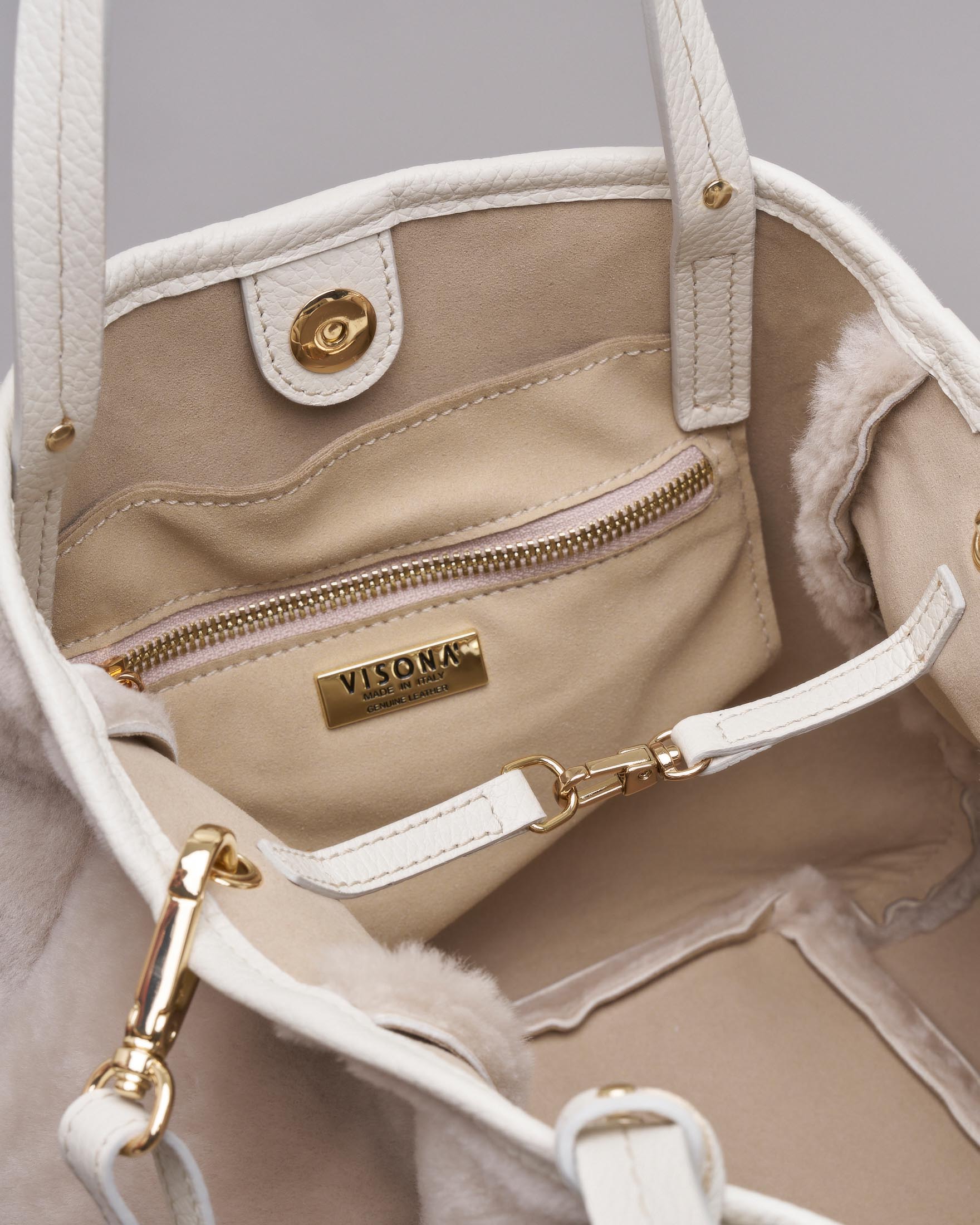 Shopping bag color panna in montone con manici in pelle con impunture image