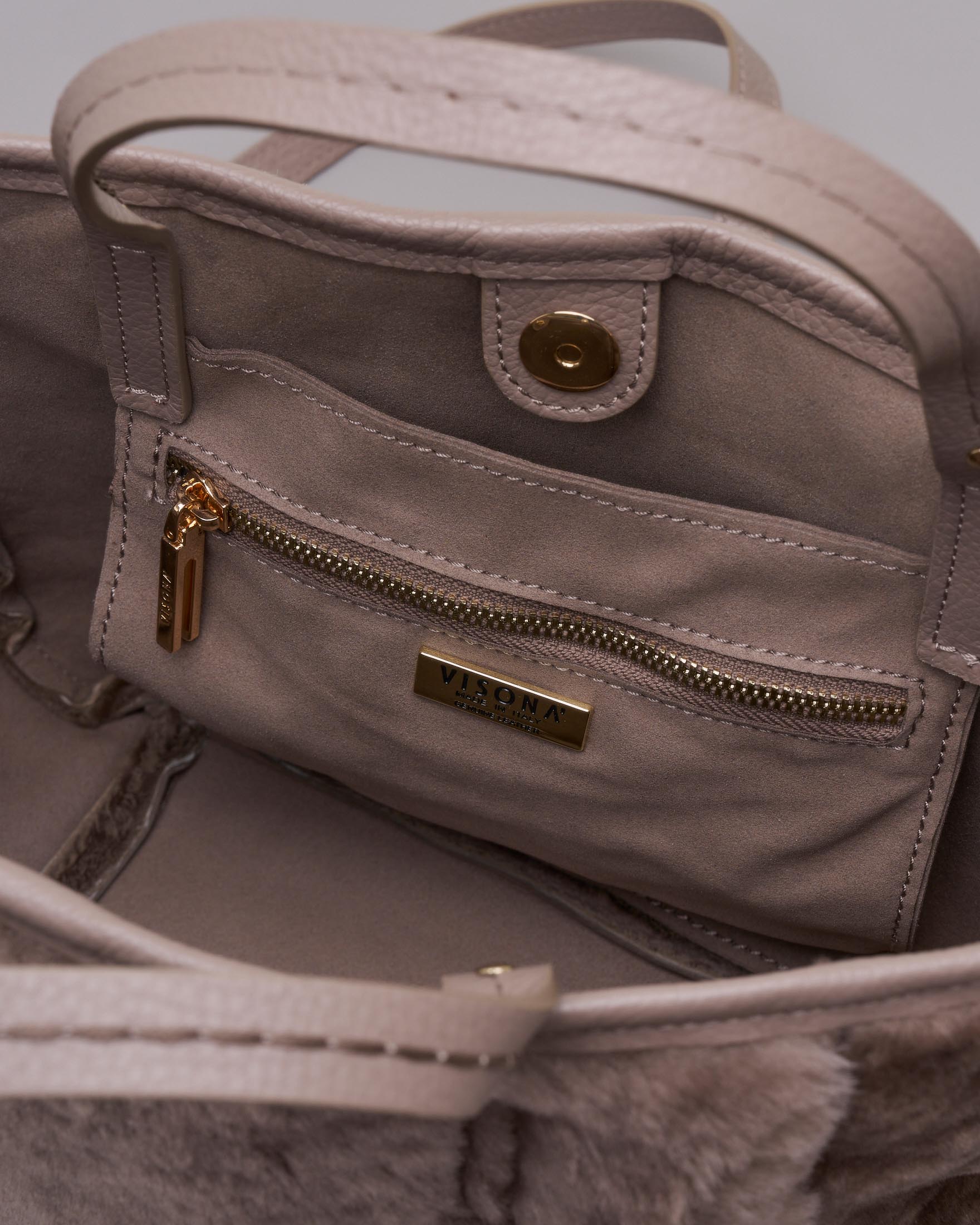 Shopping bag color taupe in montone con manici in pelle con impunture image