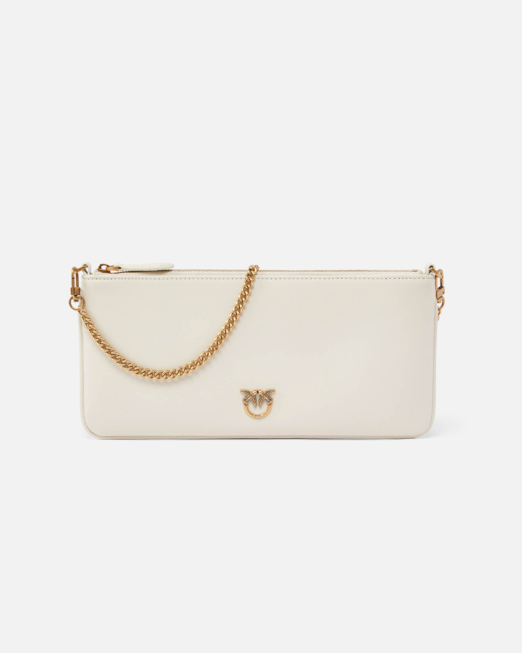 Pochette color avorio flat dalla linea allungata in pelle mano con placchetta Love Birds oro