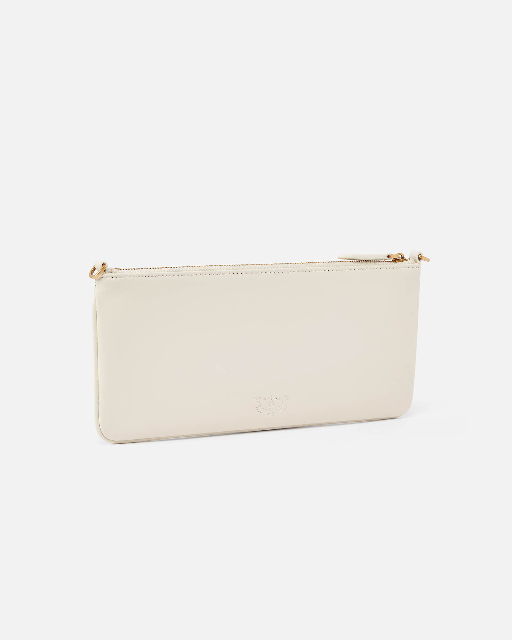 Pochette color avorio flat dalla linea allungata in pelle mano con placchetta Love Birds oro