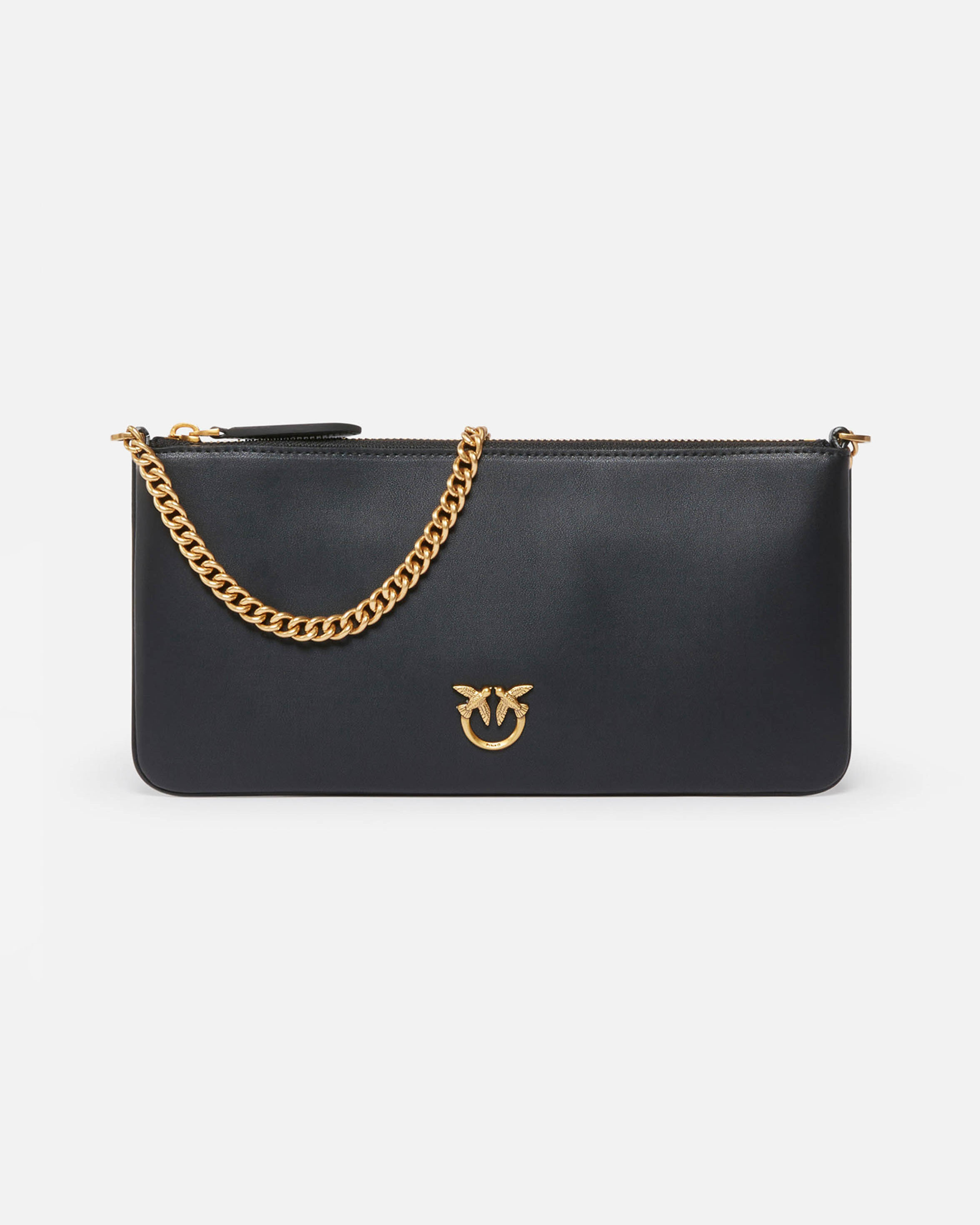 Pochette nera flat dalla linea allungata in pelle mano con placchetta Love Birds oro