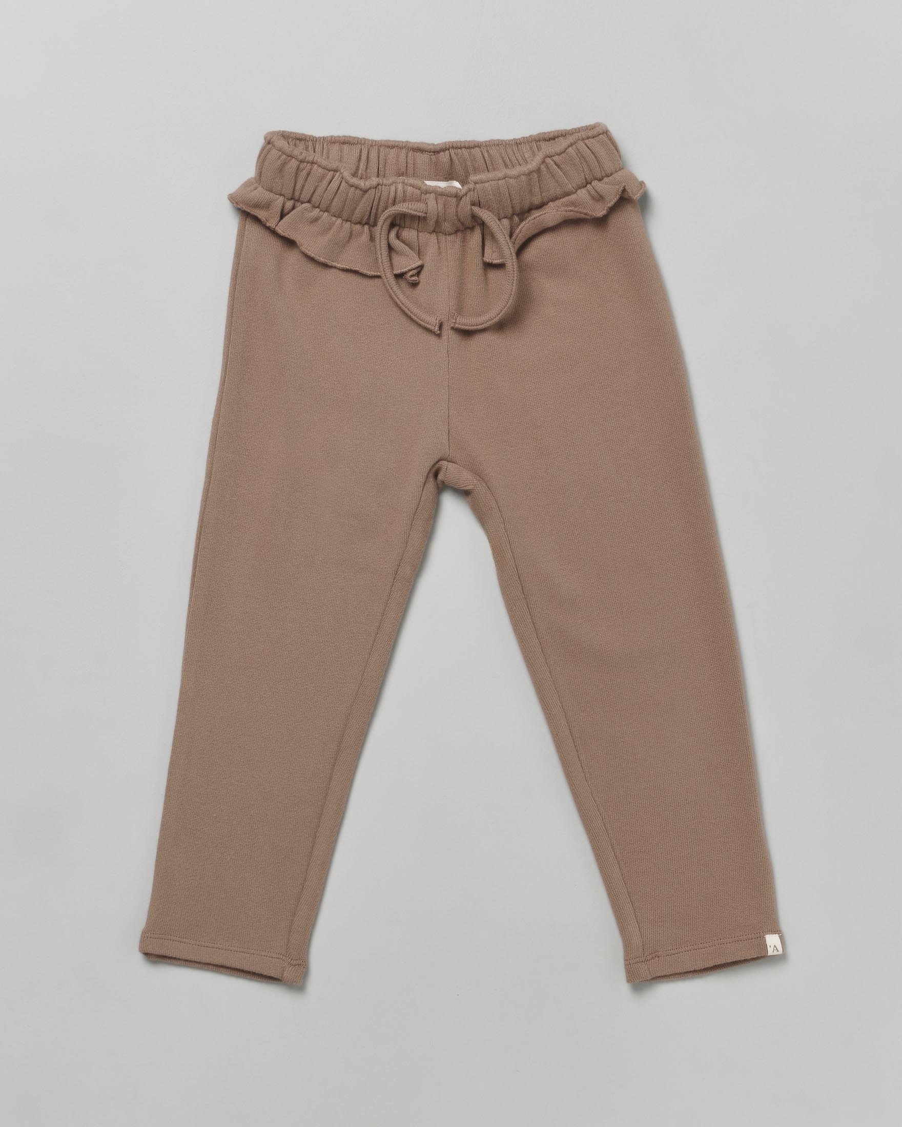 Pantalone Lil'Atelier marrone in felpa di cotone con coulisse e rouche