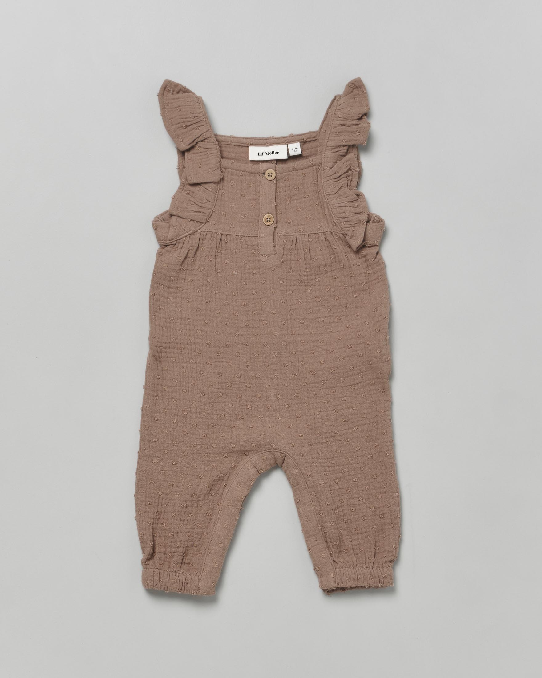 Salopette marrone in cotone con volants