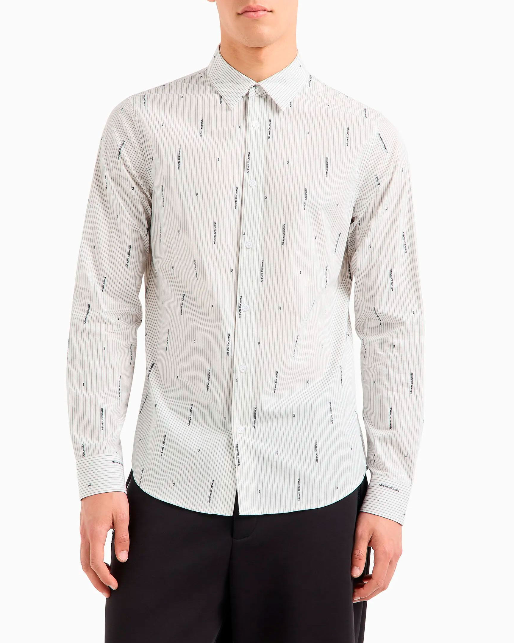 Camicia bianca in puro cotone in fantasia a righe e logo all over