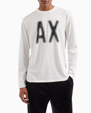 T-shirt bianca manica lunga con logo AX effetto spray