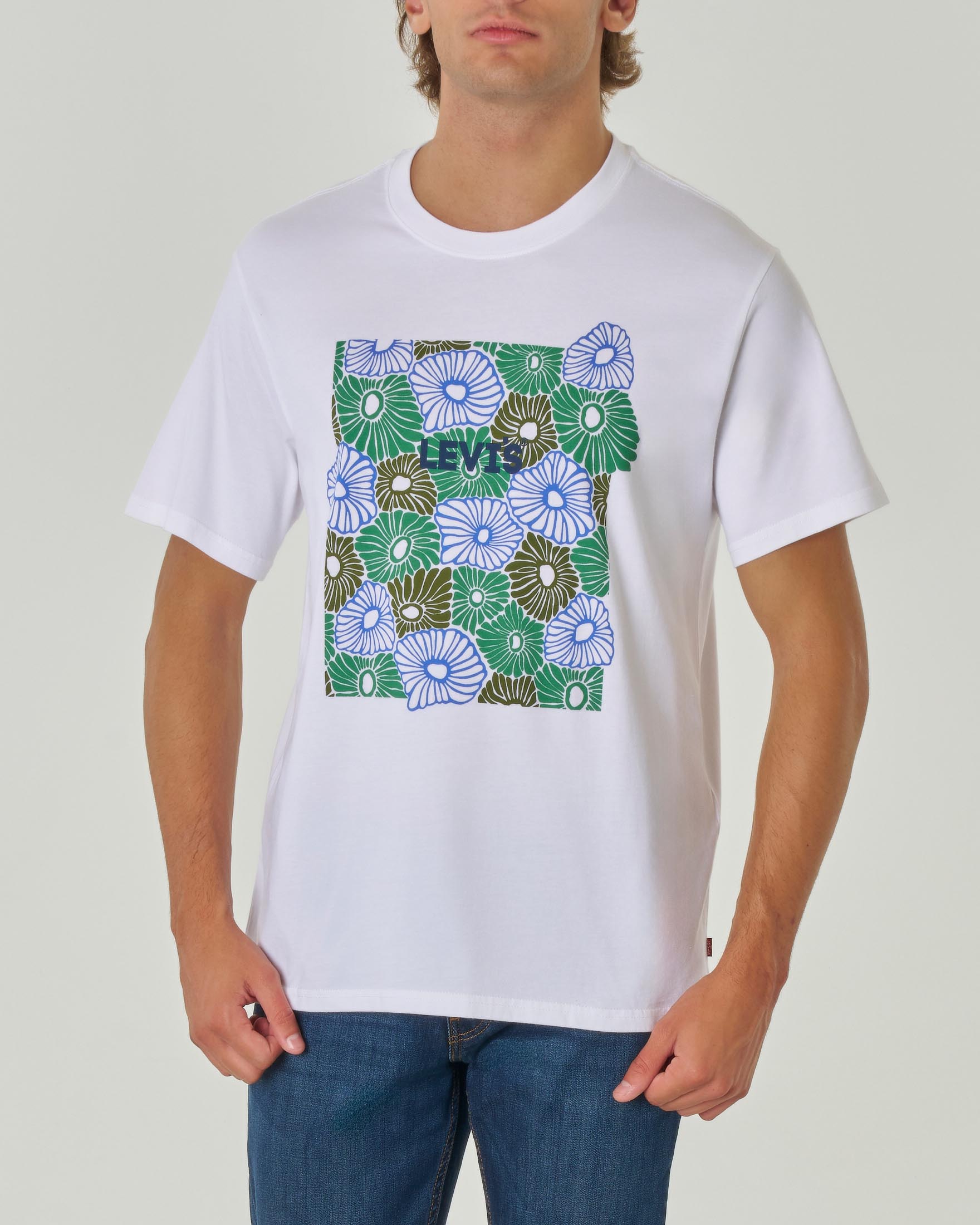 T-shirt bianca relaxed fit con stampa grafica floreale e logo