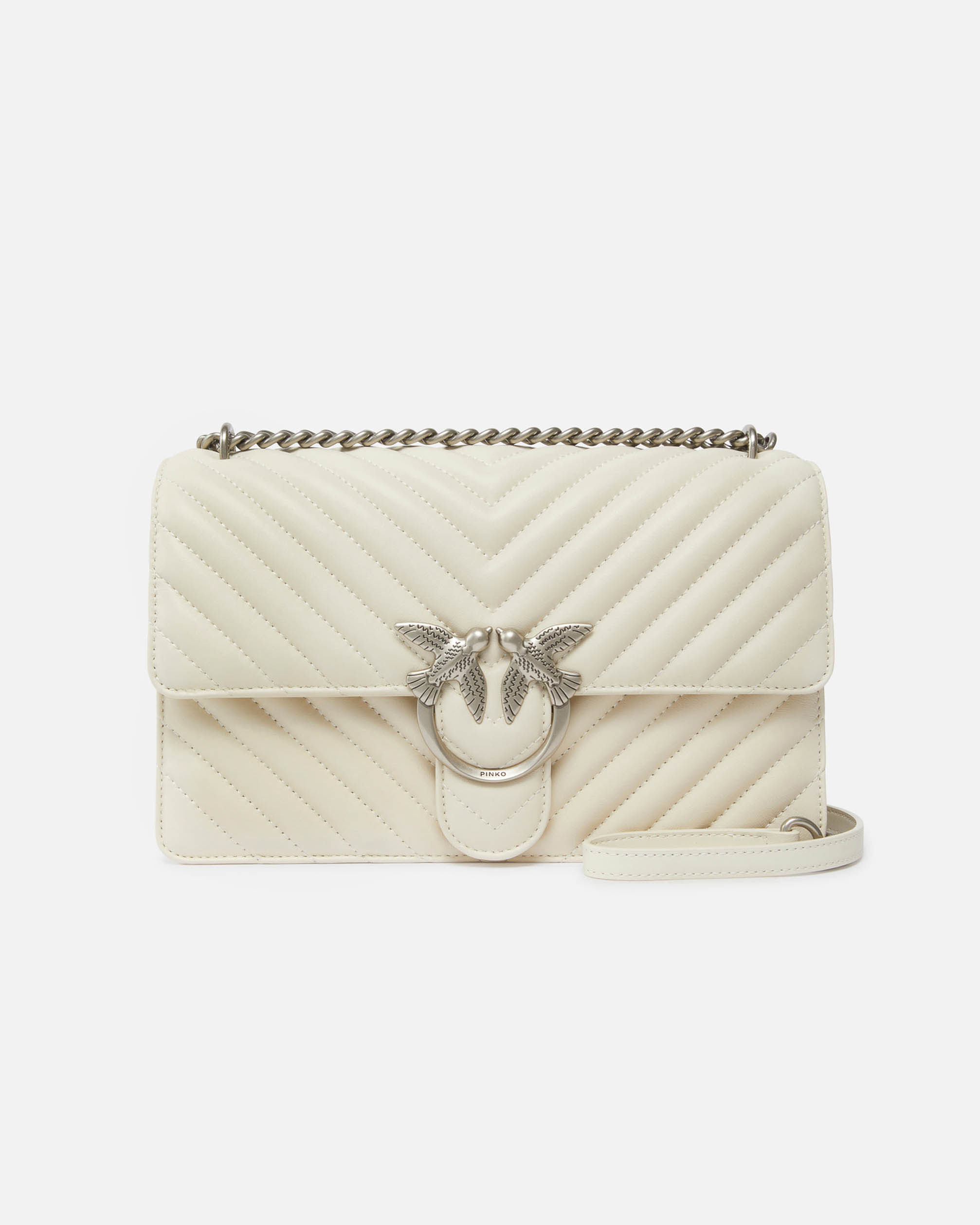 Classic Bag Chevron in pelle bianca con fibbia Love Birds argento e tracolla a catena regolabile