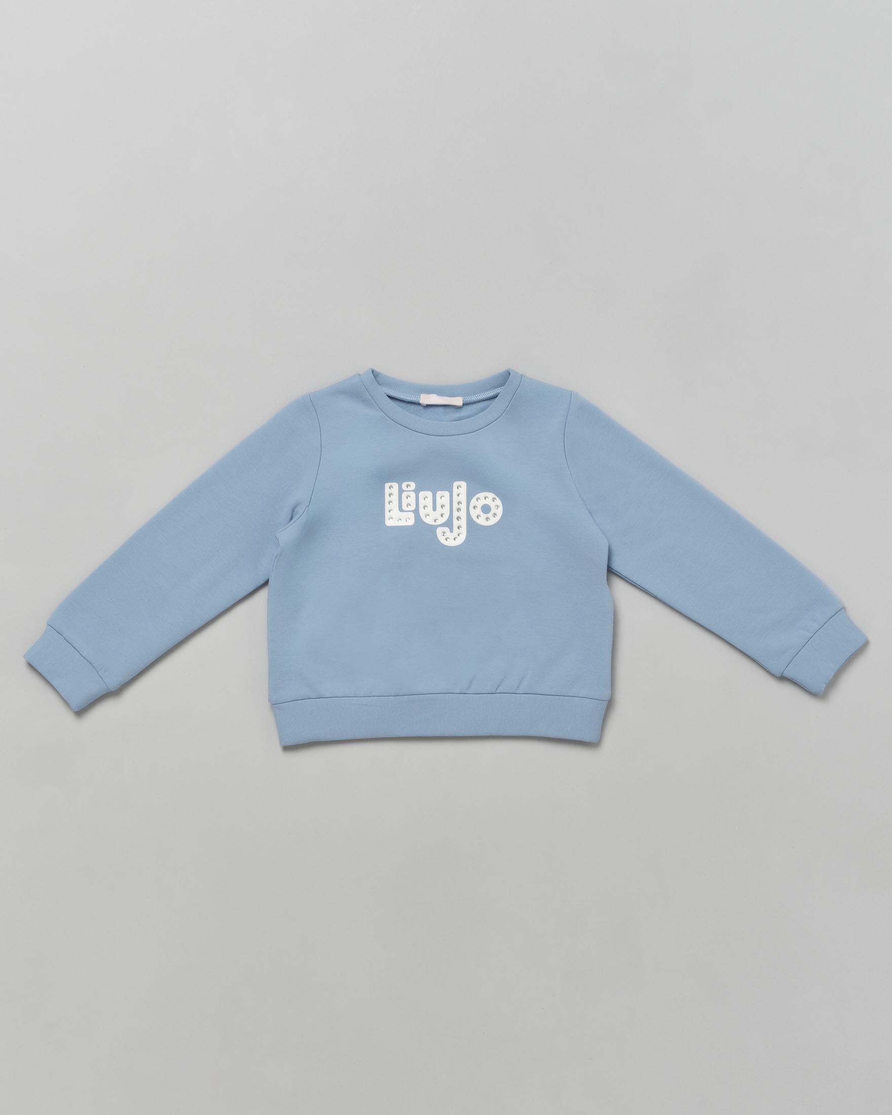 Felpa celeste in cotone stretch con scritta logo bianca con strass