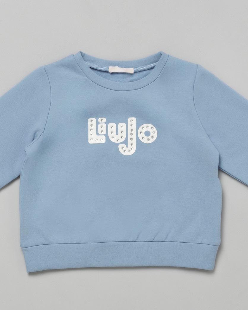 Felpa celeste in cotone stretch con scritta logo bianca con strass image