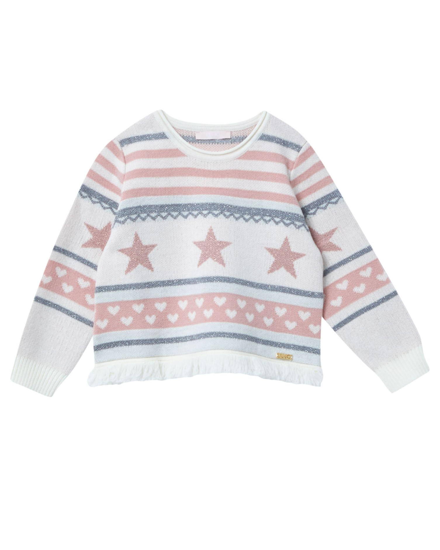 Maglia Liu-Jo in misto lana a fantasia rosa e grigia glitterata con orlo sfrangiato