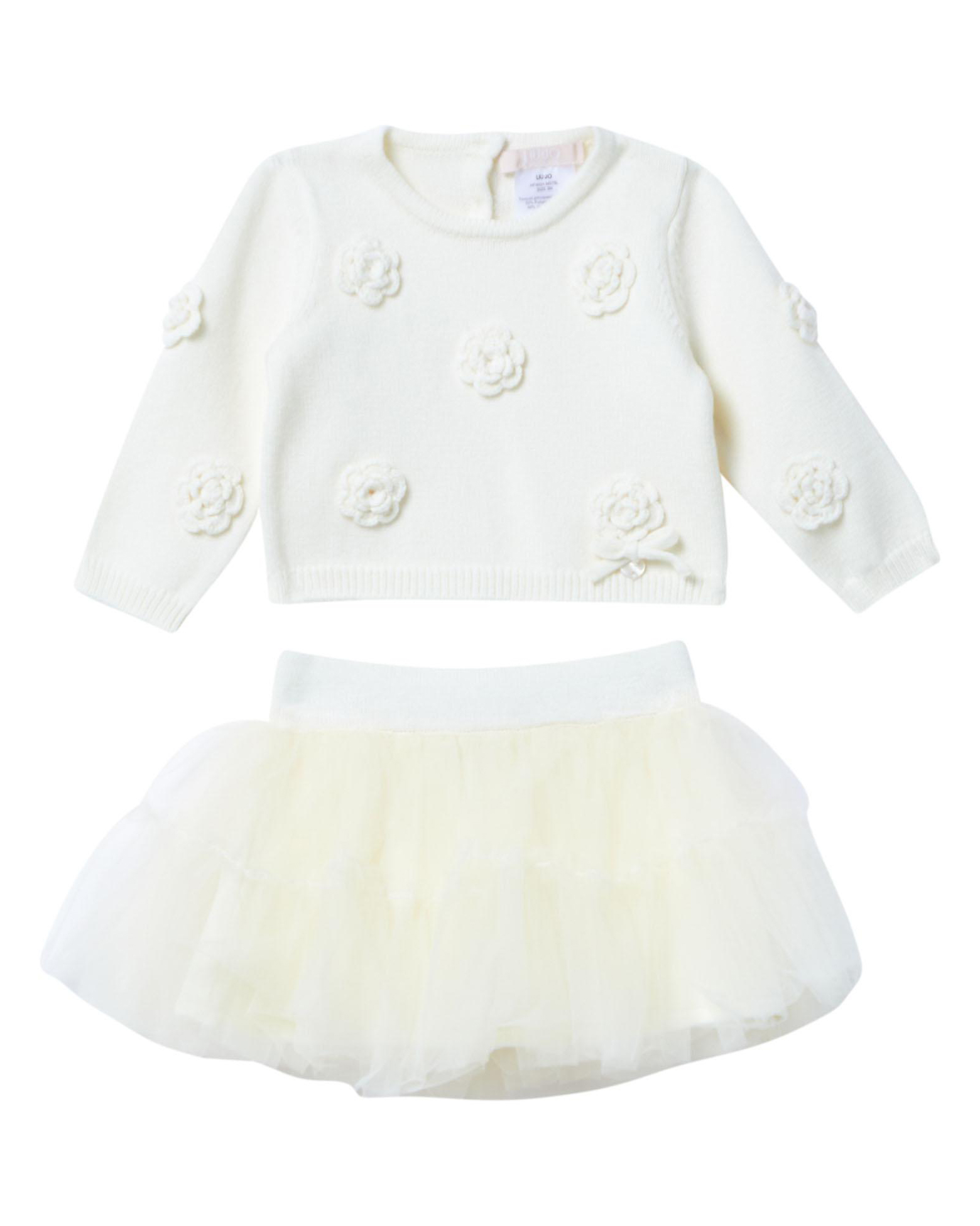 Completo Liu Jo bianco in misto viscosa con maglia e mini gonna in tulle