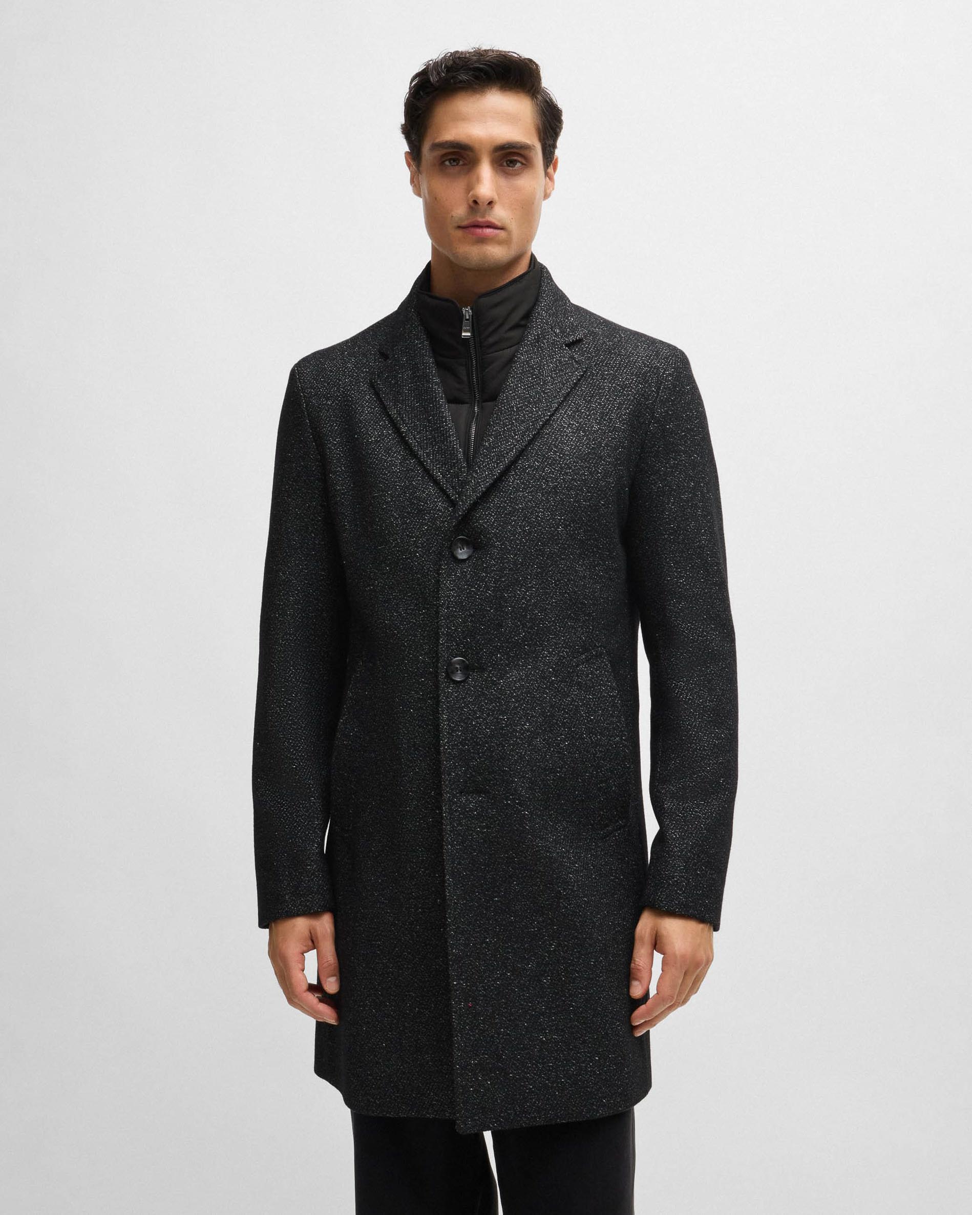 Cappotto Hyde nero in tweed di lana con davantino staccabile