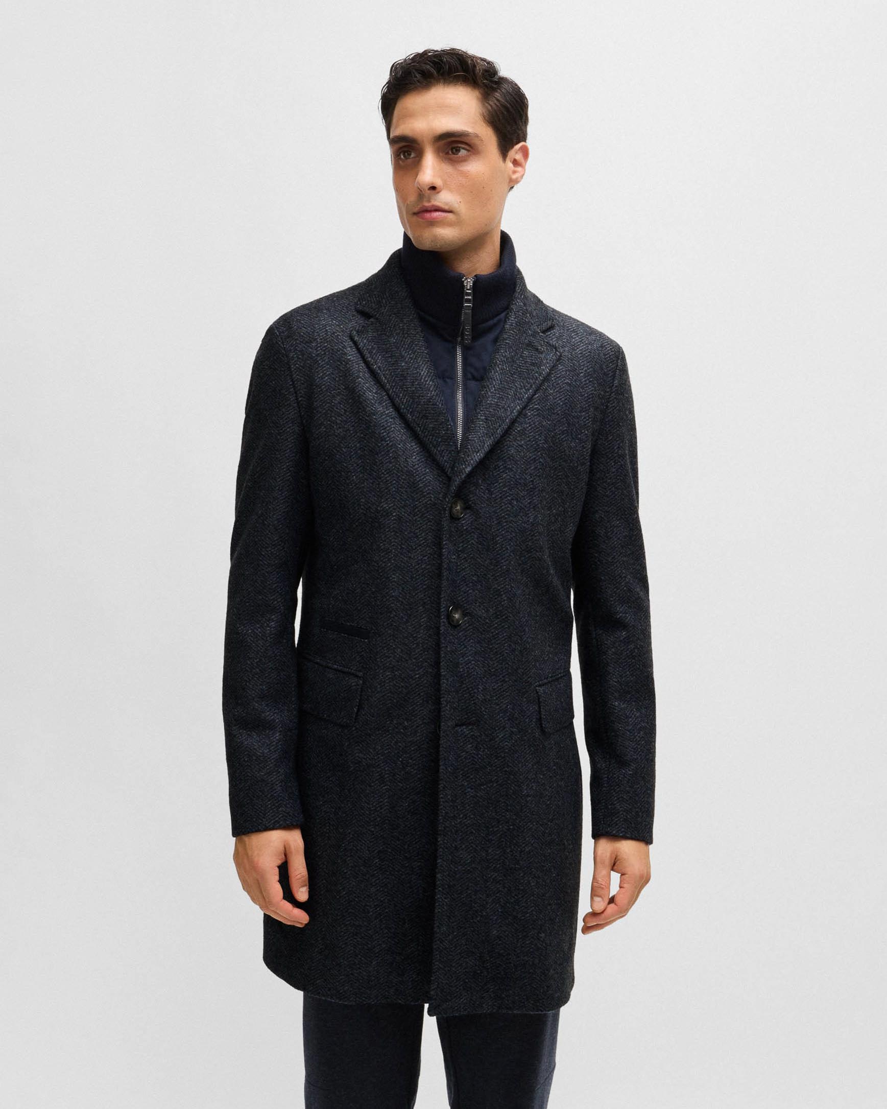 Cappotto Hyde blu in panno di misto lana a spina di pesce con davantino staccabile