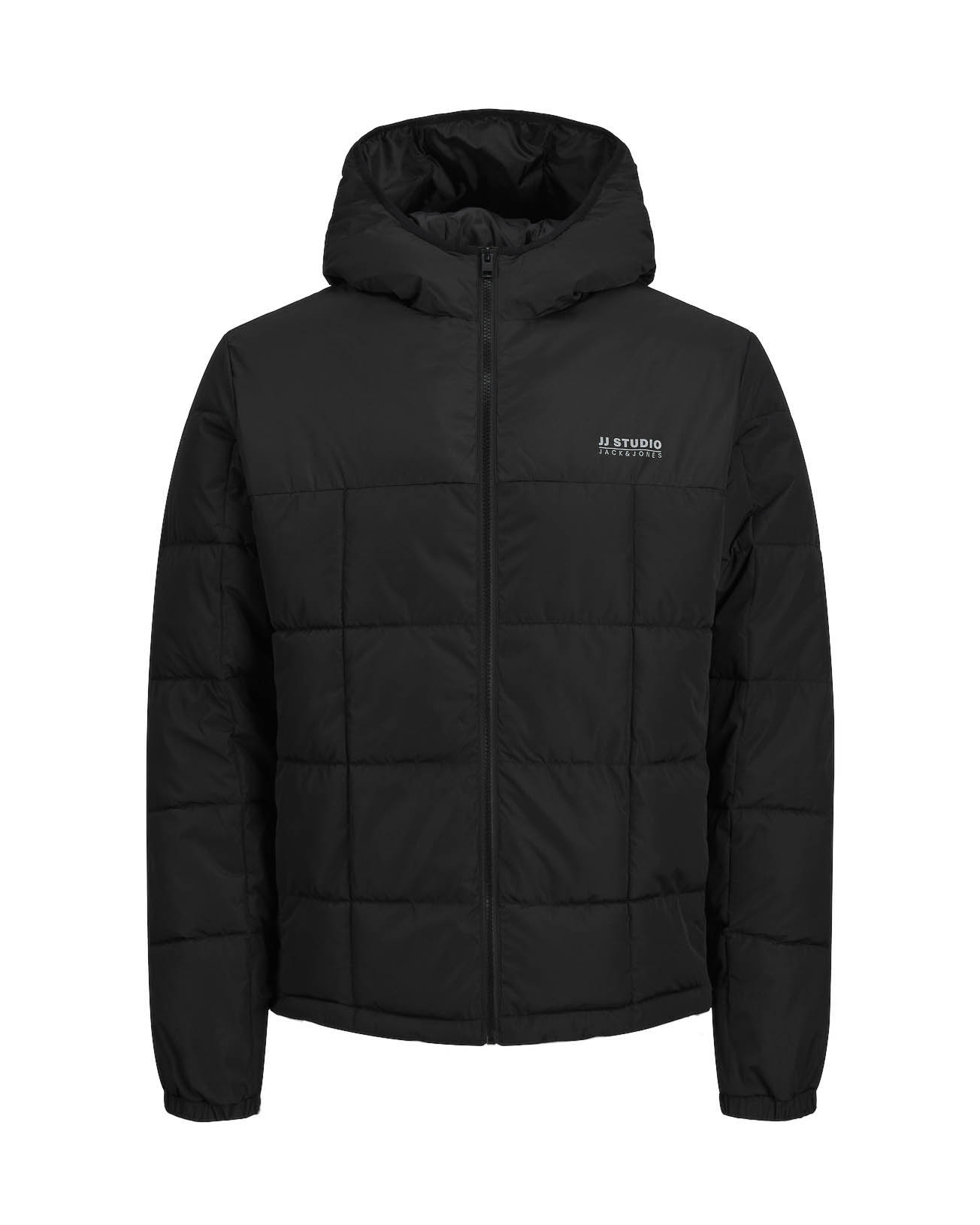 Piumino nero con cappuccio trapuntato a quadri con logo sul petto