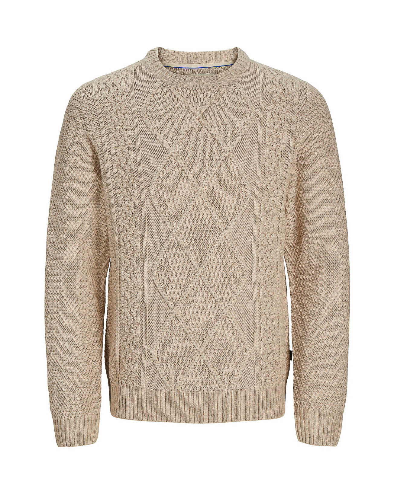 Maglia girocollo beige in misto cotone con lavorazione a trecce e a rombi