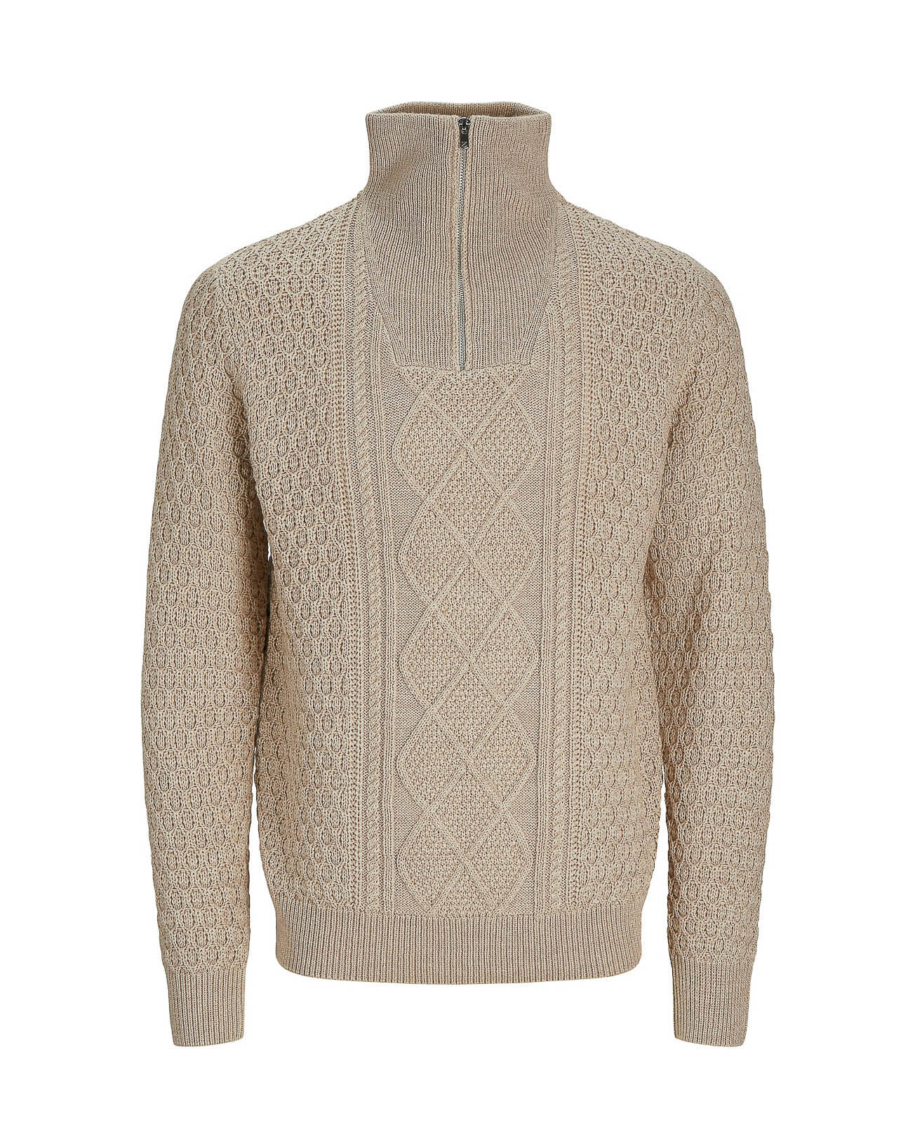 Maglia beige in misto cotone a trecce e rombi con collo alto e apertura a mezza zip