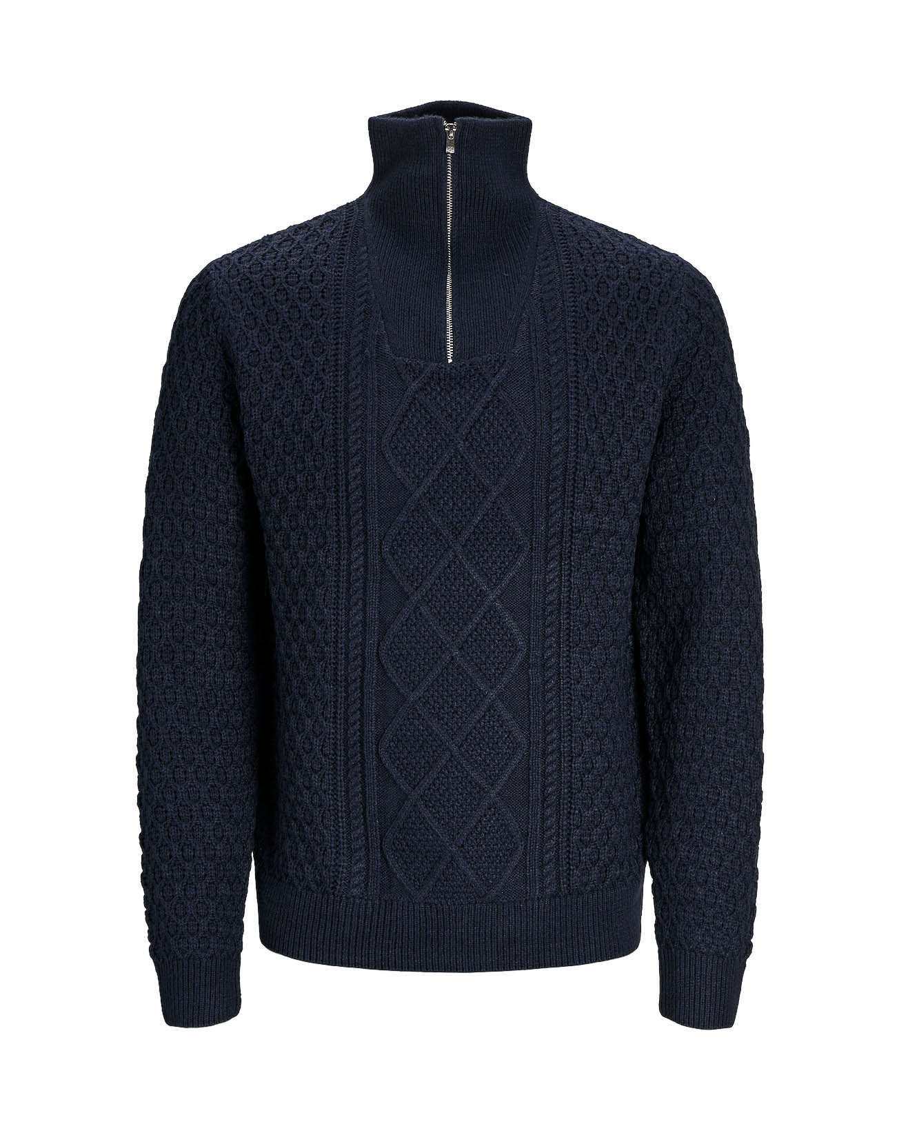 Maglia blu in misto cotone a trecce e rombi con collo alto e apertura a mezza zip