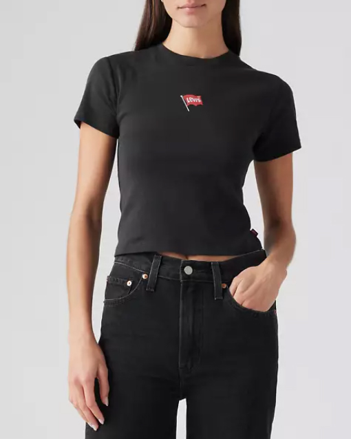 T-shirt nera cropped slim fit in cotone con flag logo stampata