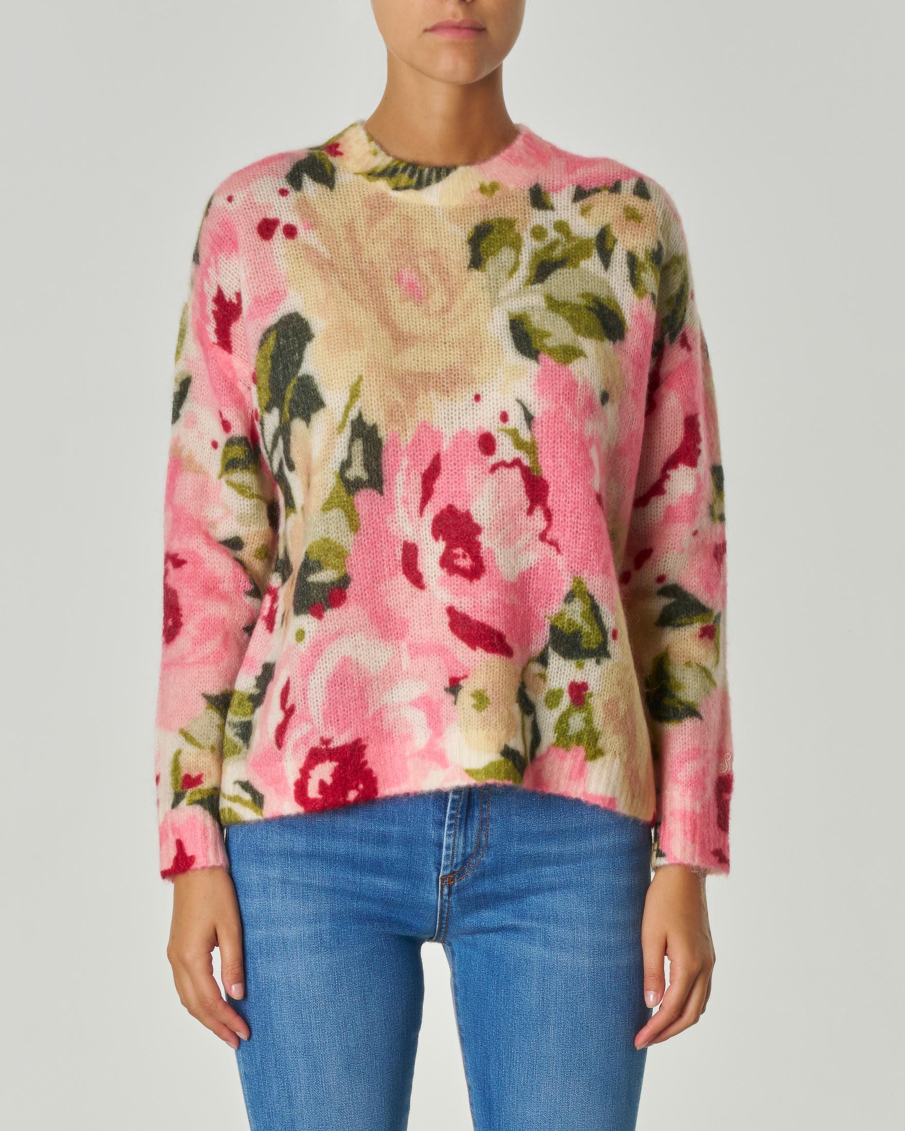 Maglia in mohair e lana a fantasia rose e avorio