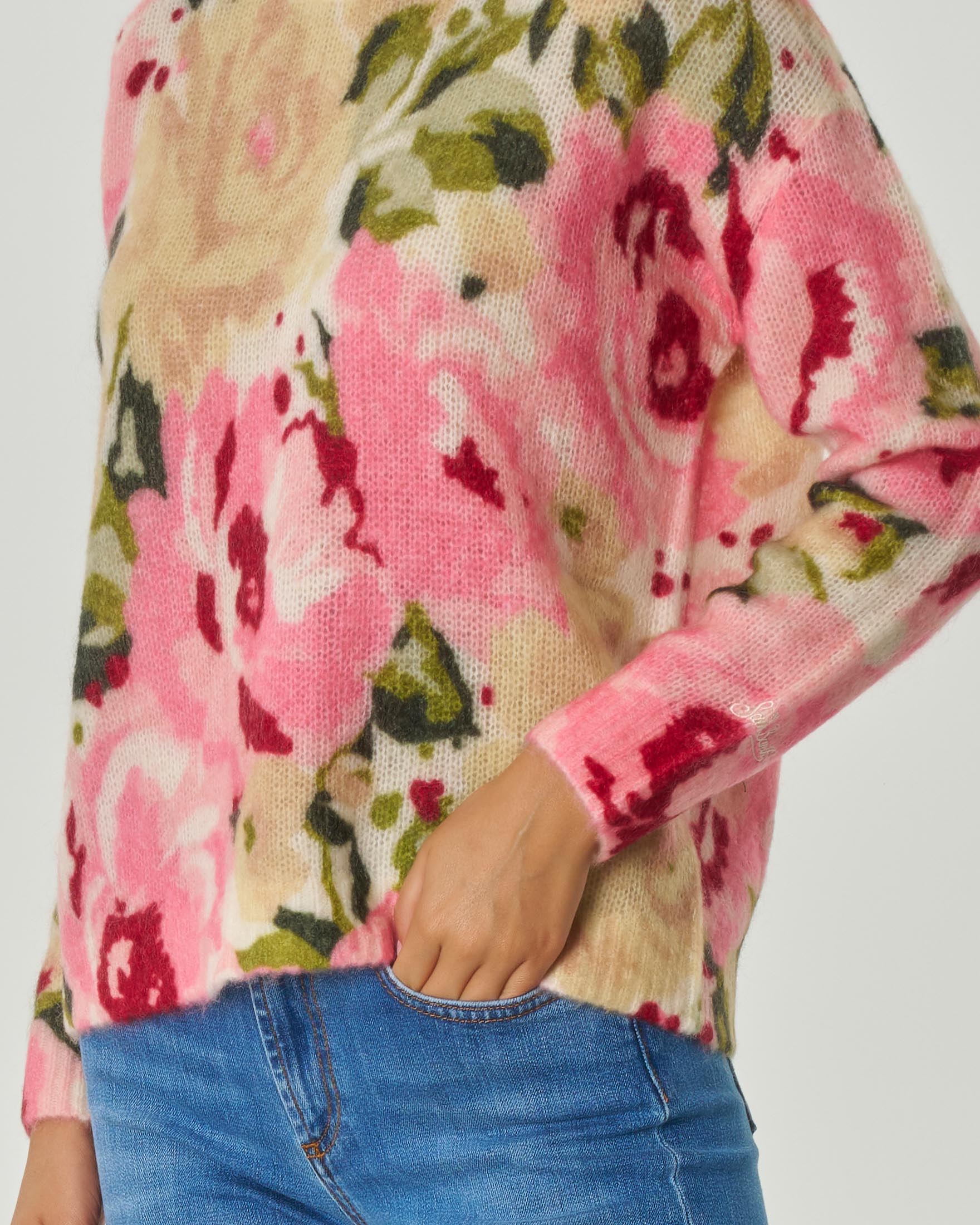 Maglia in mohair e lana a fantasia rose e avorio image