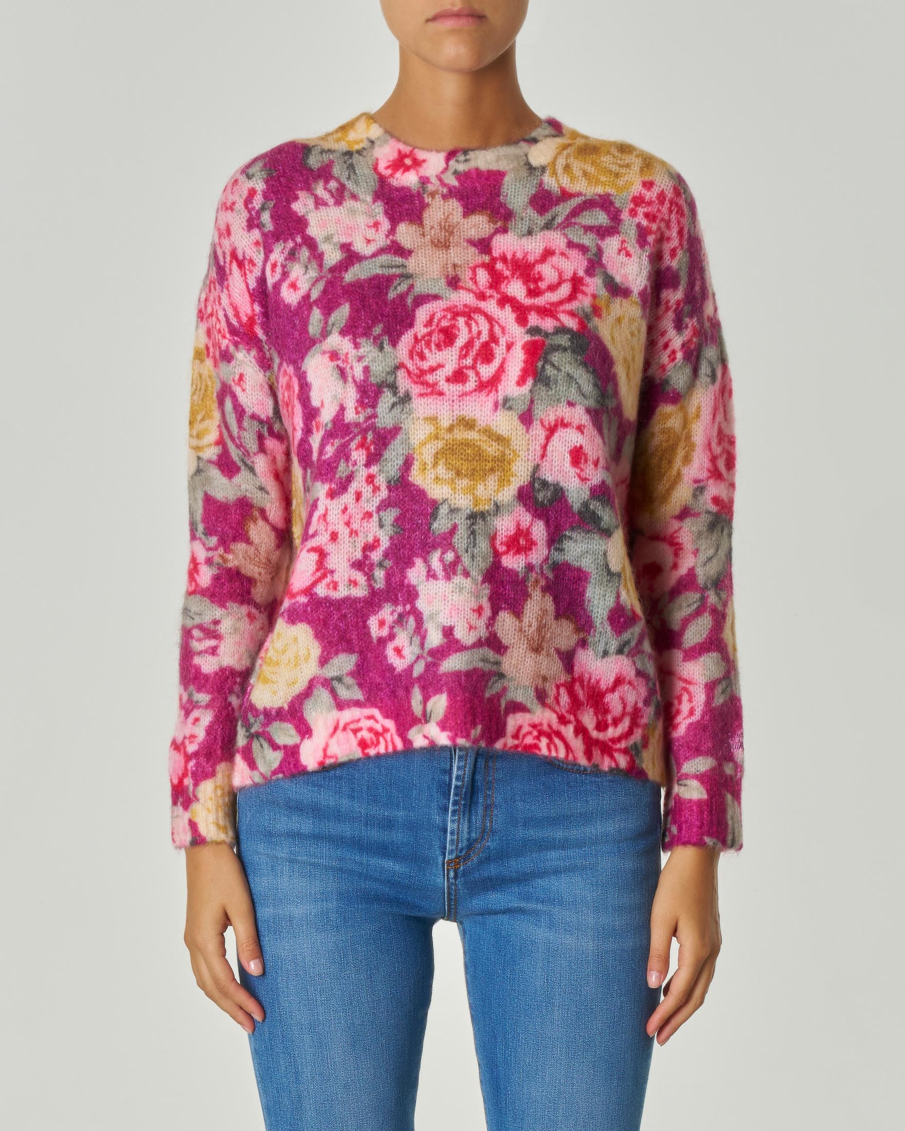 Maglia viola in mohair e lana a fantasia floreale multicolore