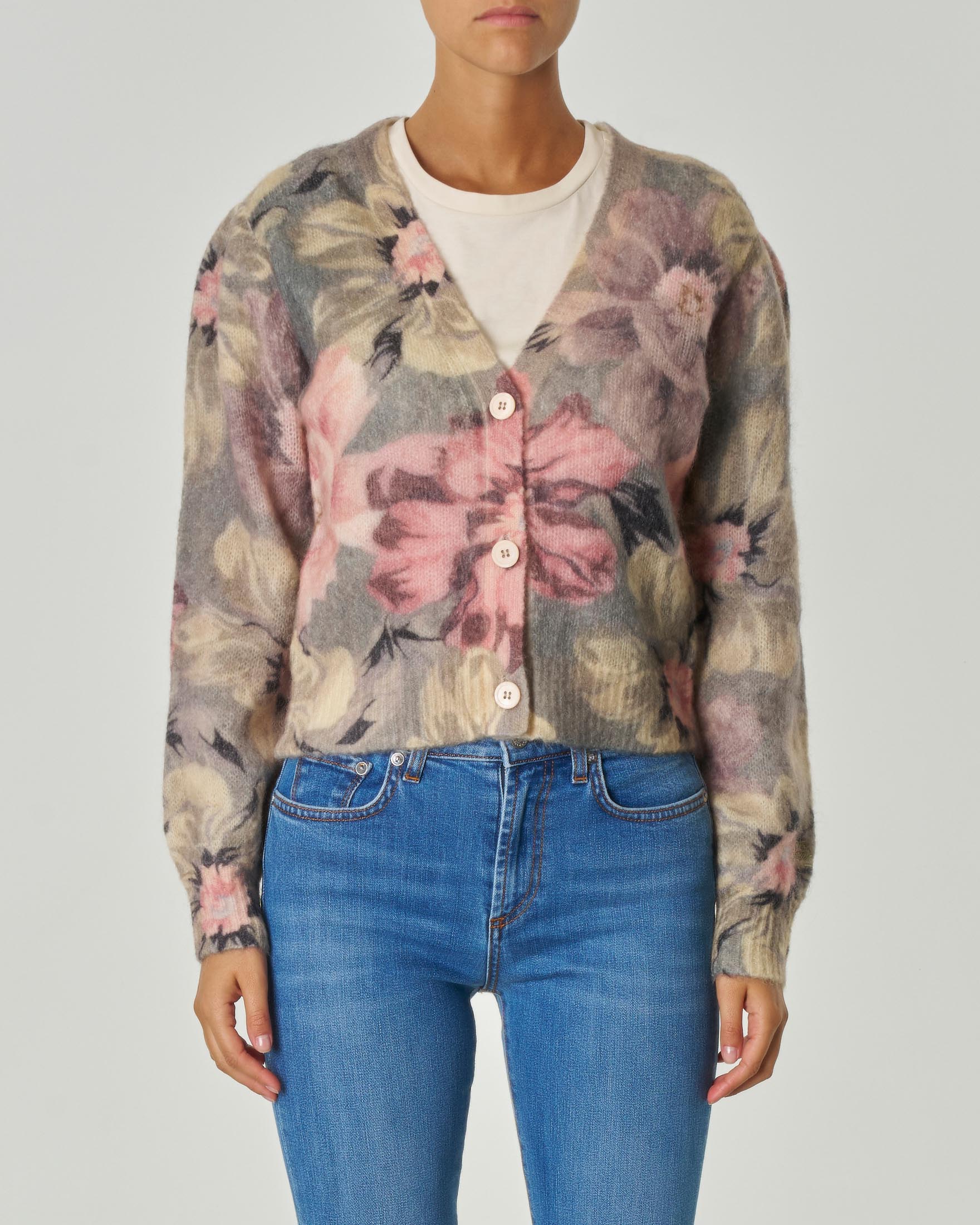 Cardigan in mohair e lana grigio a fantasia floreale rosa e giallo con maniche a sbuffo