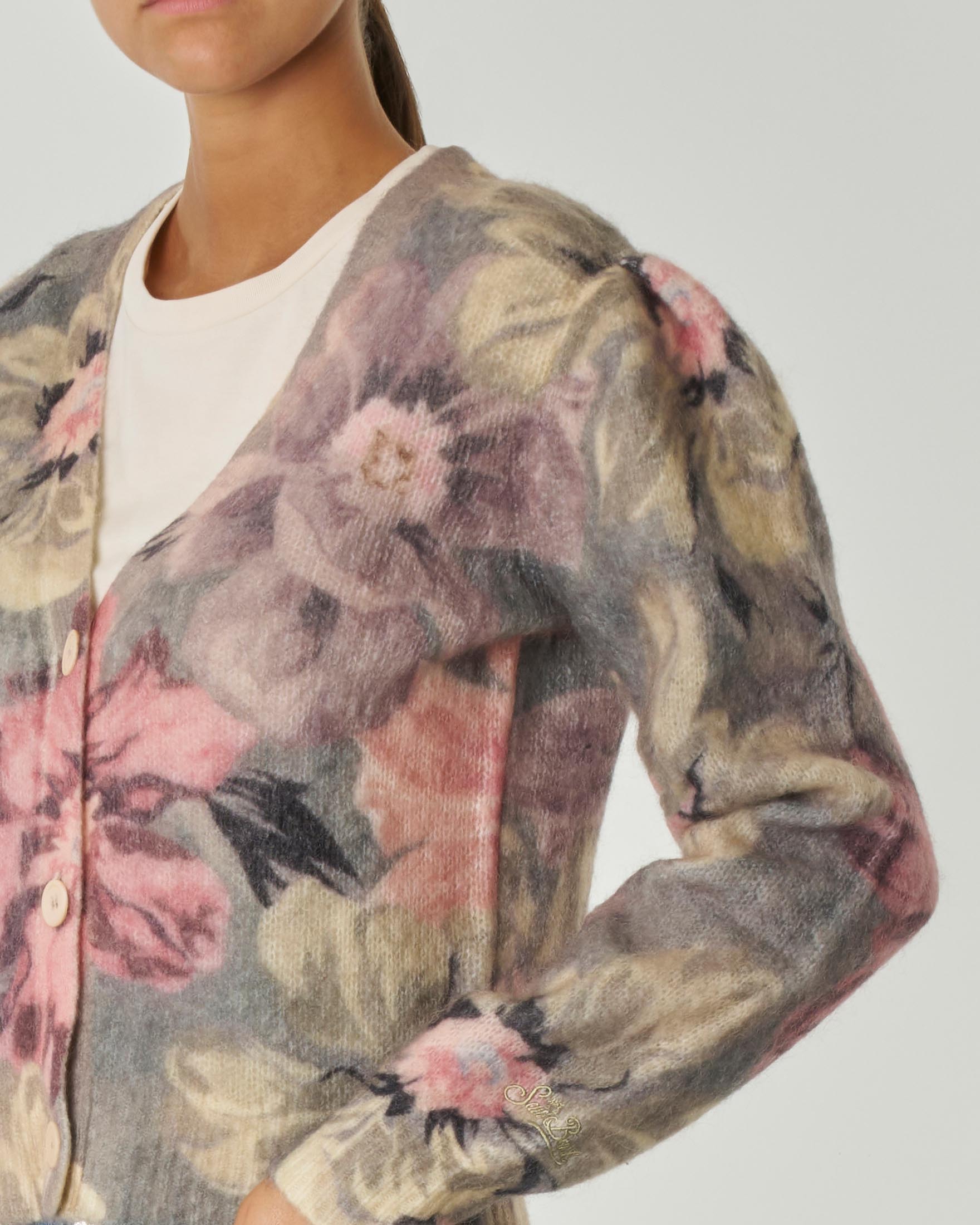 Cardigan in mohair e lana grigio a fantasia floreale rosa e giallo con maniche a sbuffo image