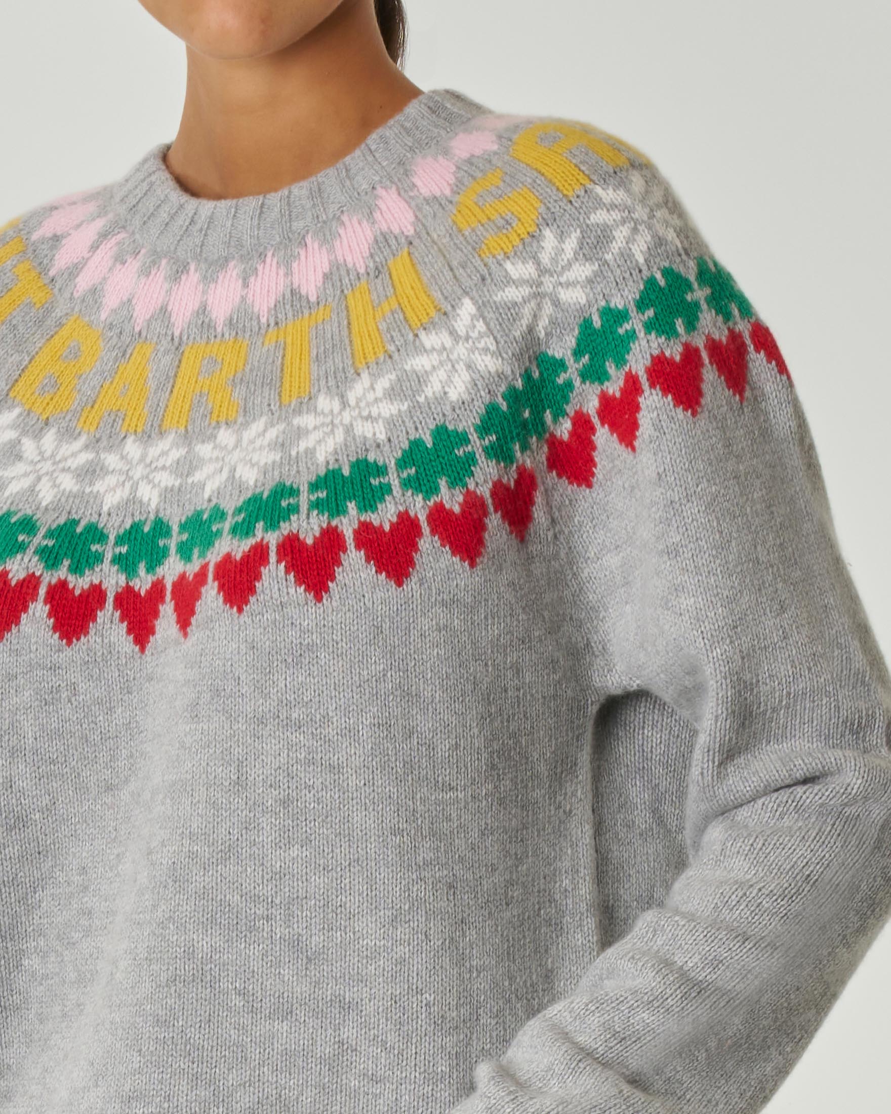 Maglia grigia in misto lana e cashmere con motivo jacquard multicolore e scritta logo image