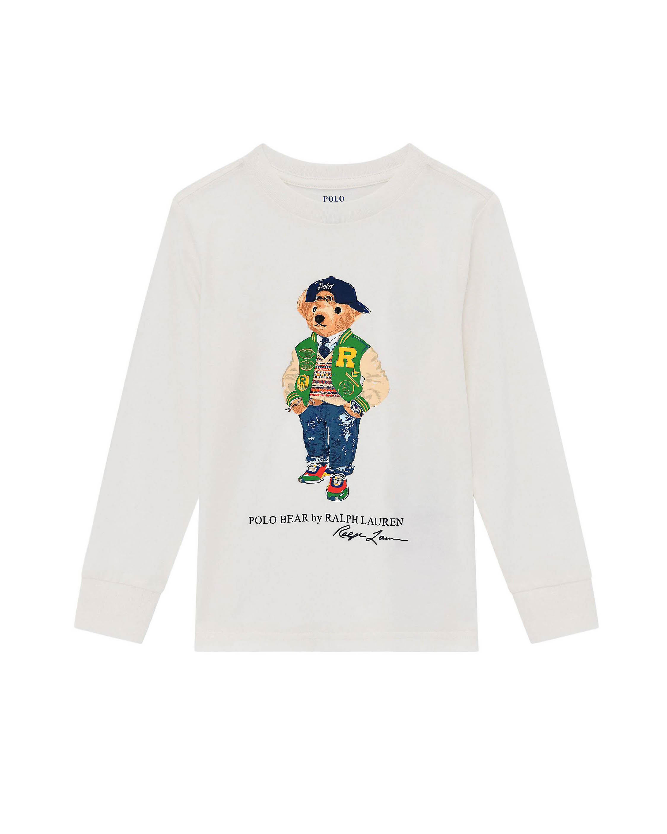 T-shirt Ralph Lauren bianca in cotone con maxi stampa orsetto e maniche lunghe