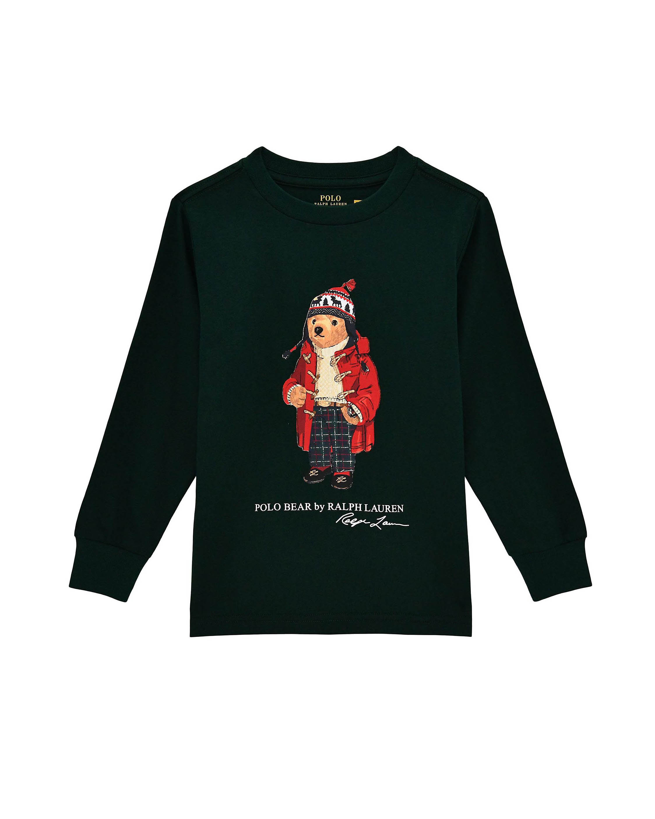 T-shirt Ralph Lauren verde in cotone con maxi stampa orsetto e maniche lunghe