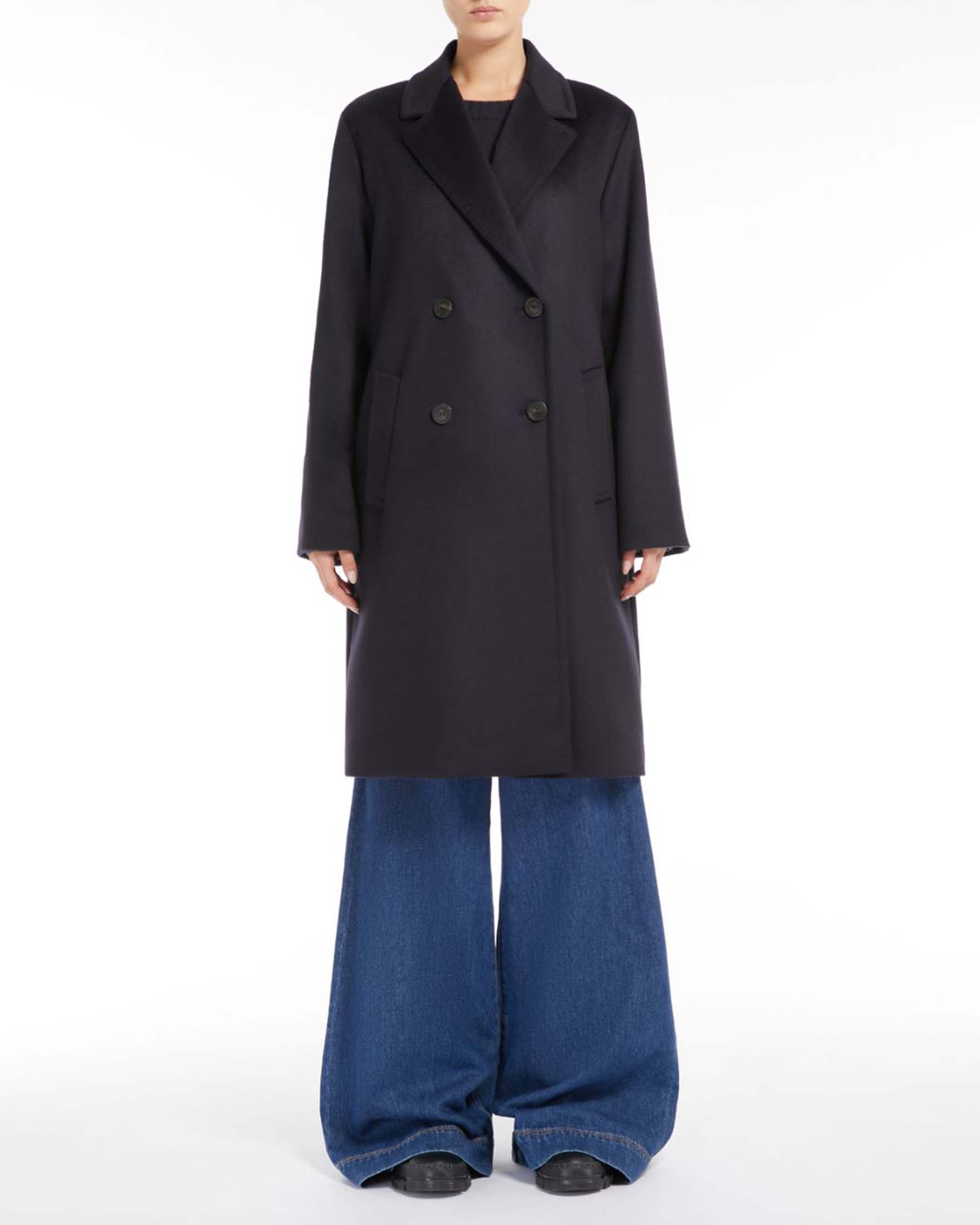Cappotto doppiopetto al ginocchio blu in doppio drap di pura lana