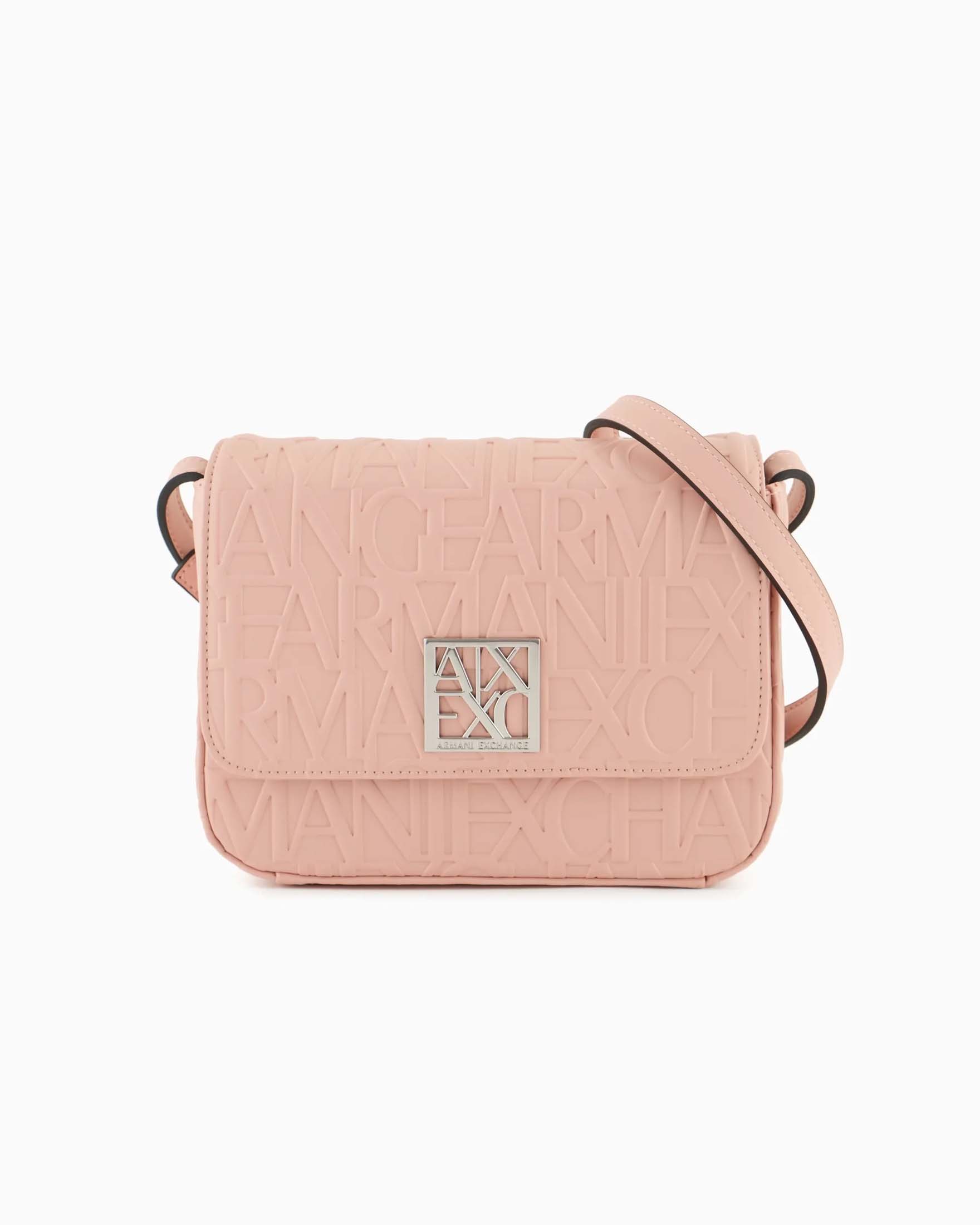 Cross bag rosa in similpelle effetto vernice con scritte logo all over con chiusura a patella