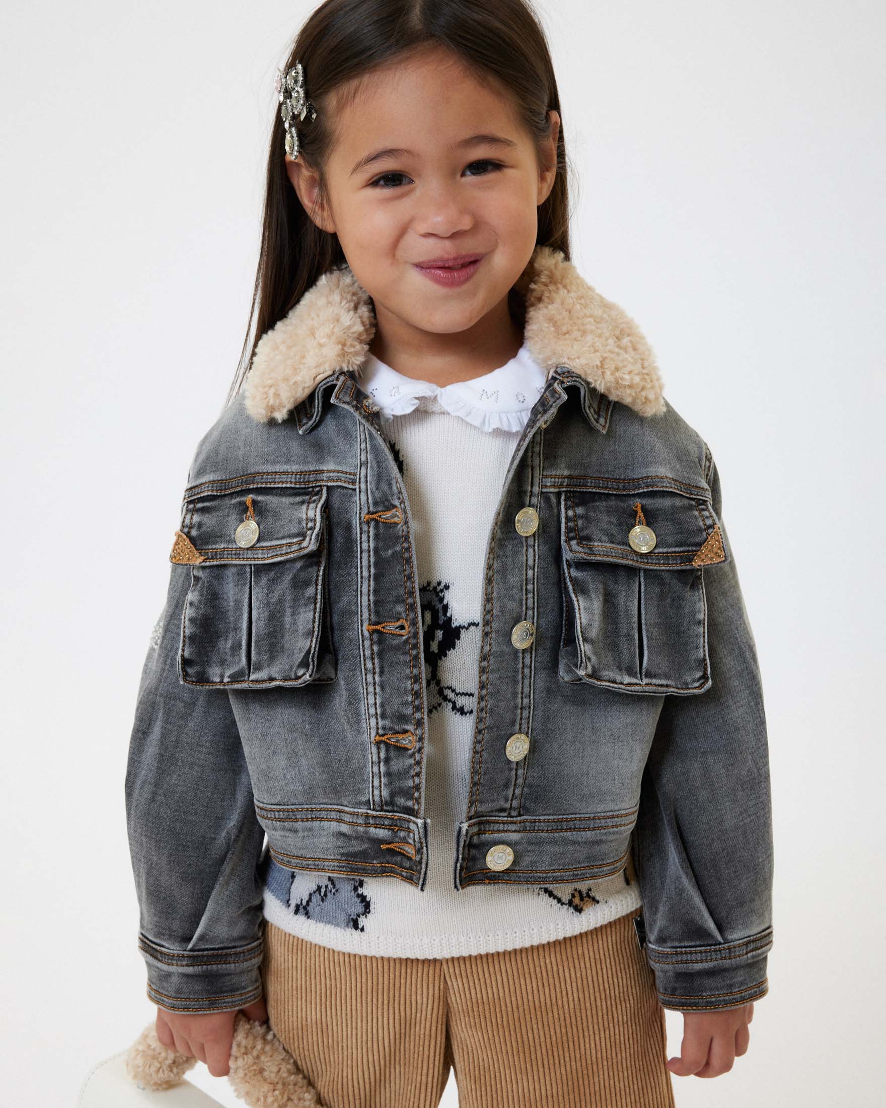 Giacca Monnalisa nera in denim di cotone stretch stone washed con colletto teddy beige