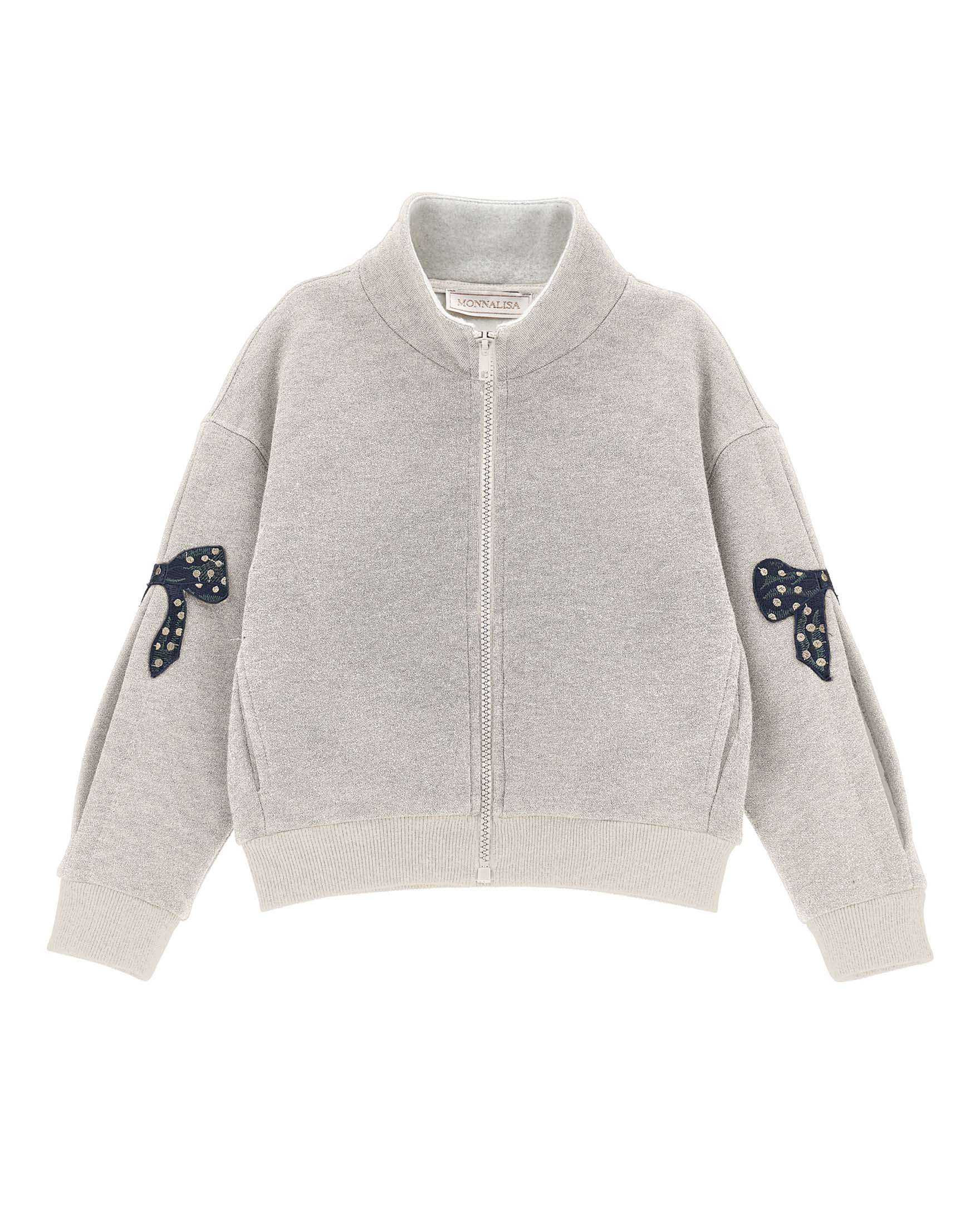 Felpa Monnalisa relaxed grigia in misto cotone a collo alto con fiocchi ed aperture sulle maniche