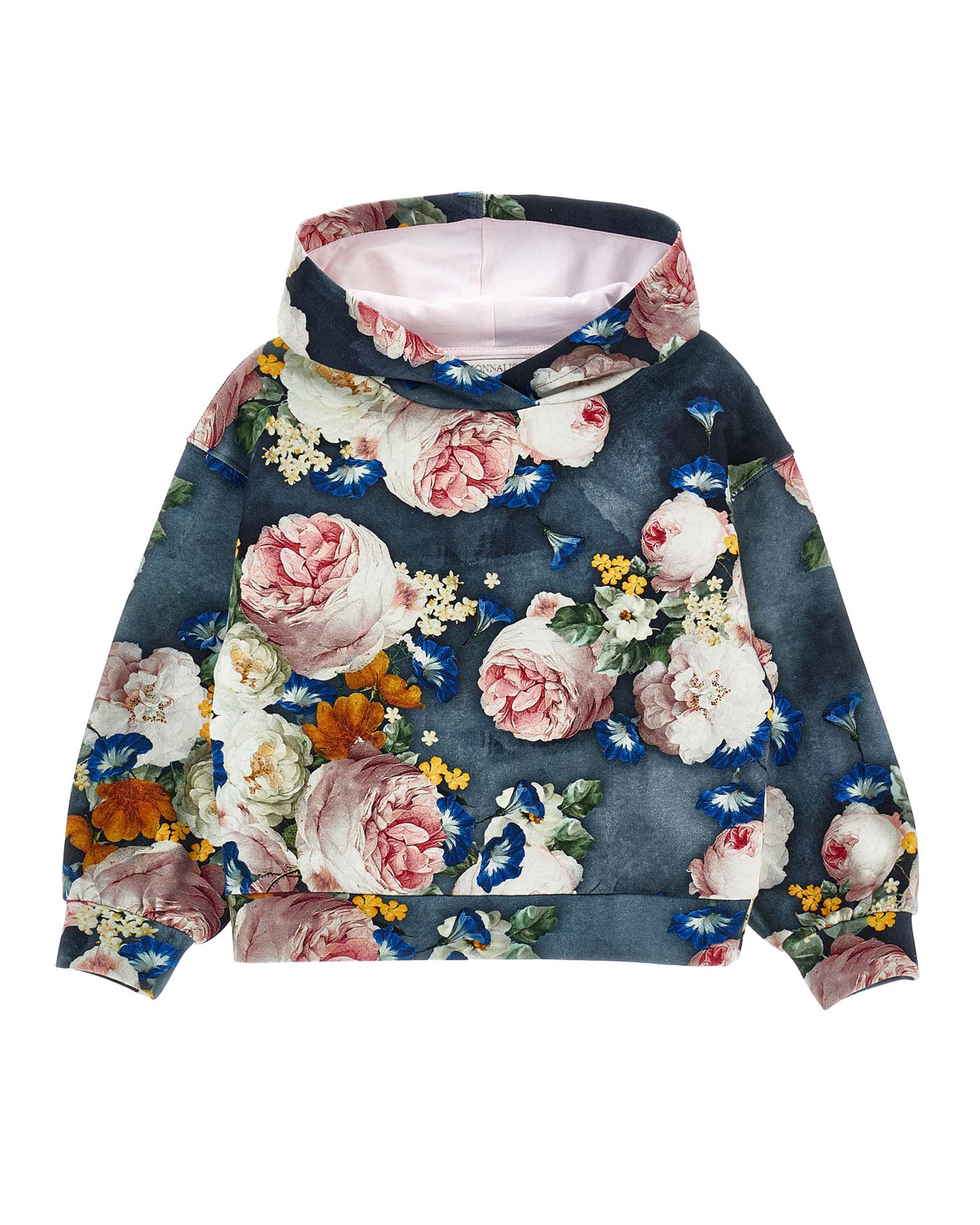 Felpa Monnalisa relaxed avio in neoprene con cappuccio a fantasia floreale multicolor all-over