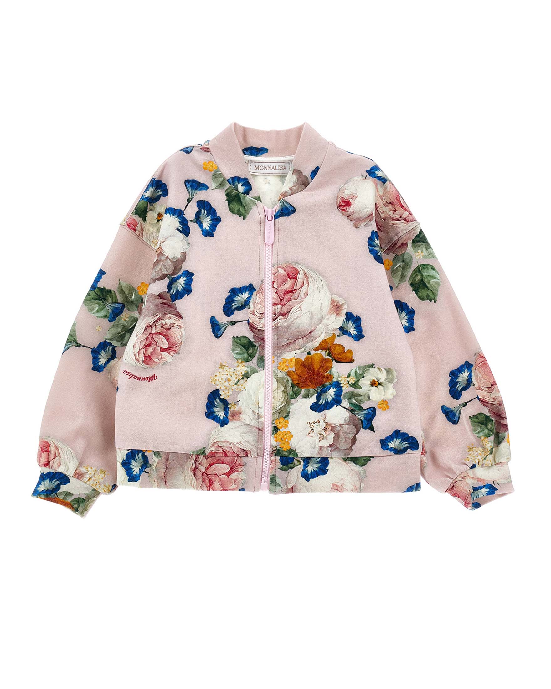 Felpa Monnalisa a bomber rosa in cotone stretch a fantasia floreale multicolor