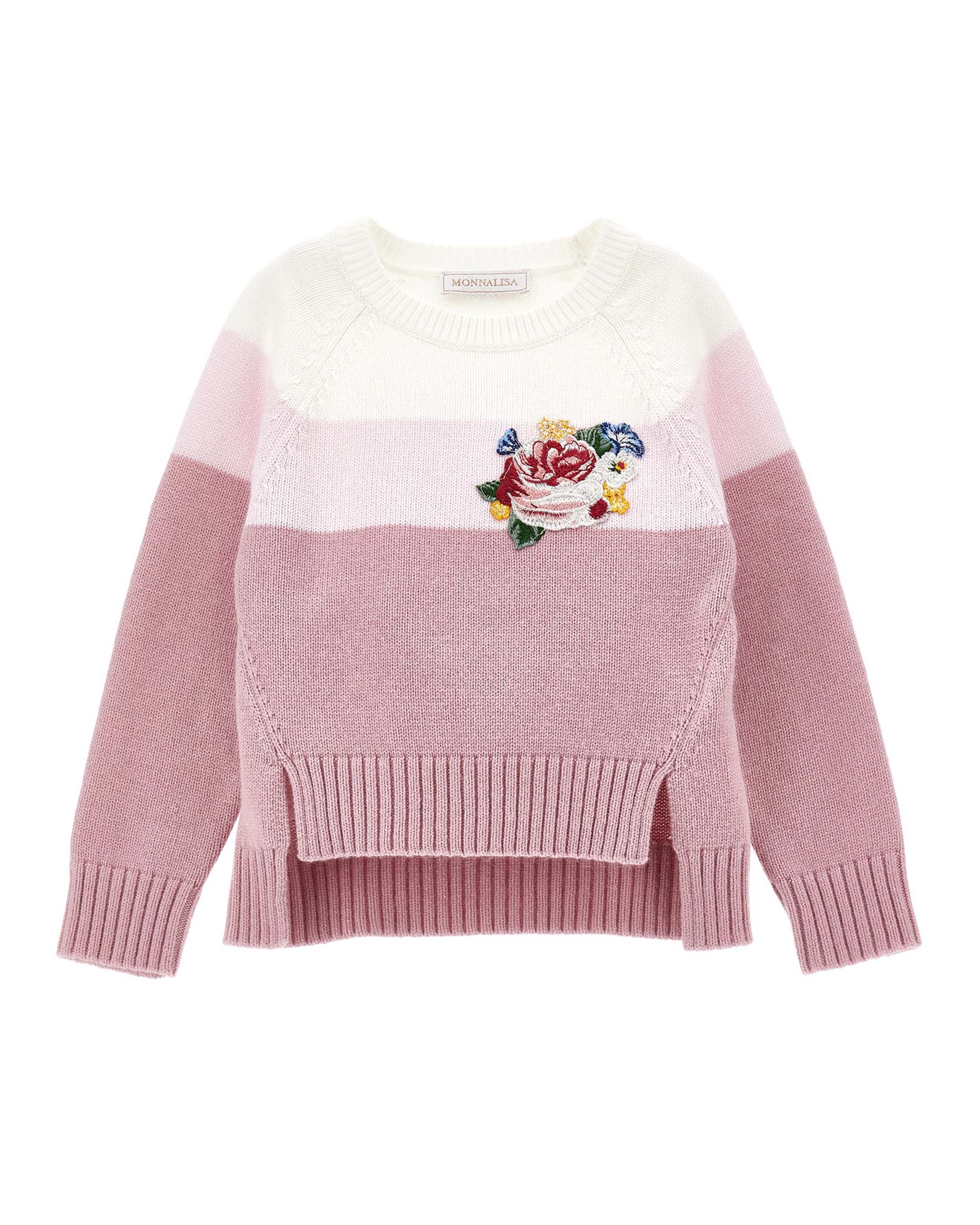 Maglia Monnalisa a fantasia rigata rosa in misto lana stretch con ricamo bouquet