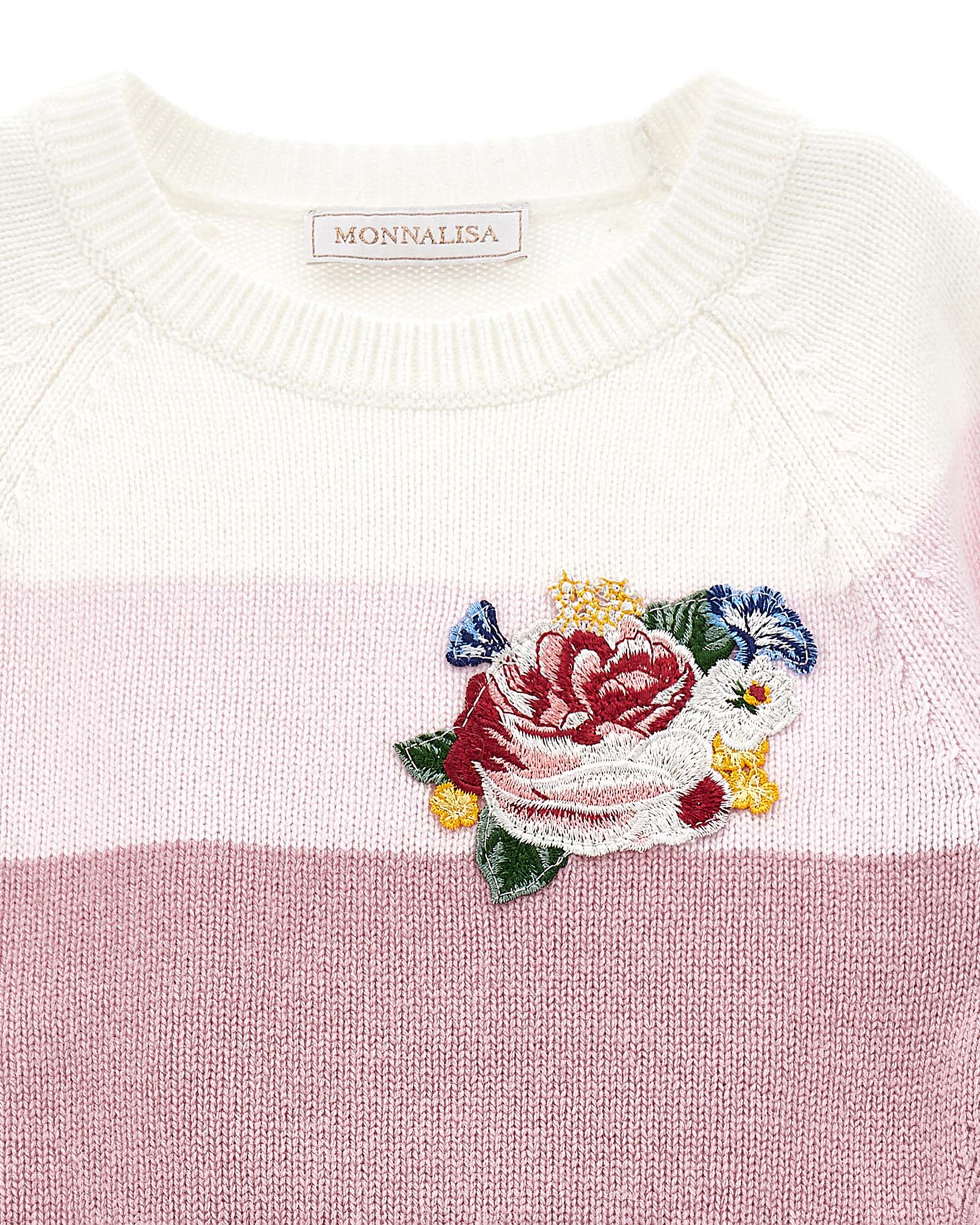 Maglia Monnalisa a fantasia rigata rosa in misto lana stretch con ricamo bouquet image