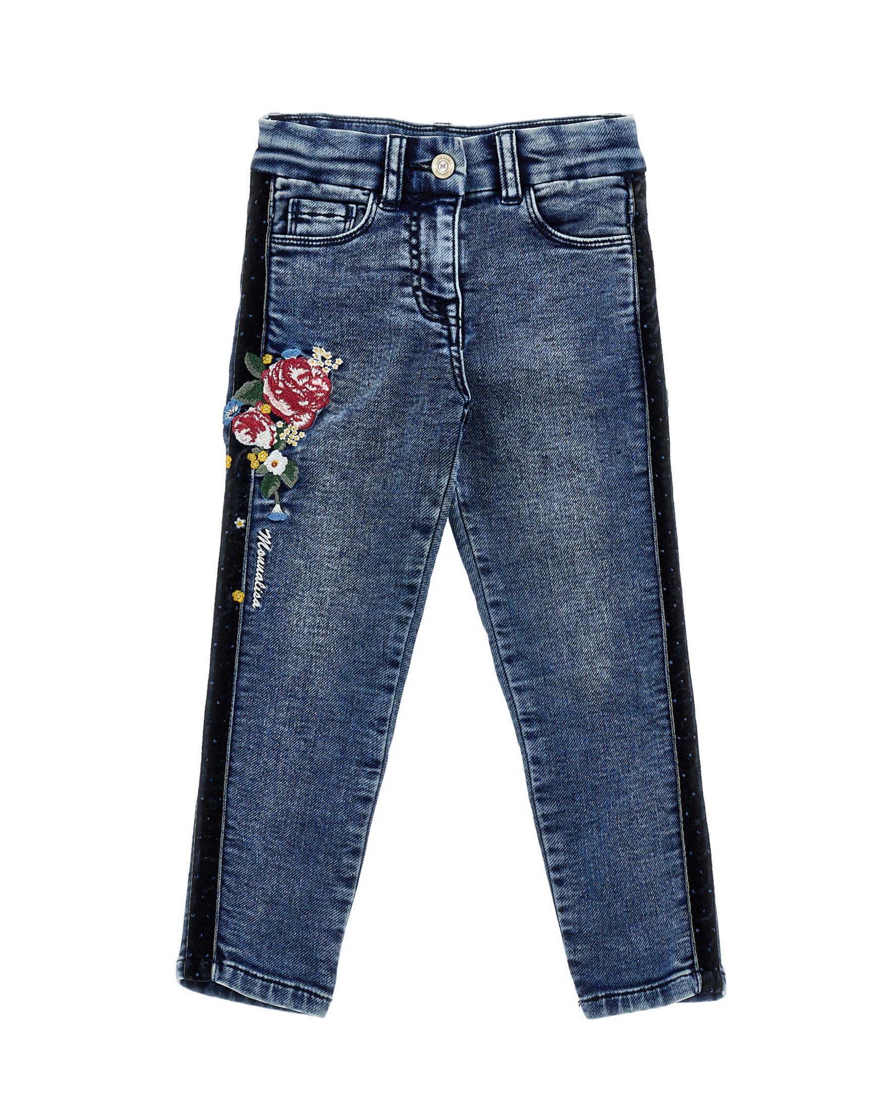 Jeans slim a lavaggio scuro delavé con ricami floreale e bande nere glitterate