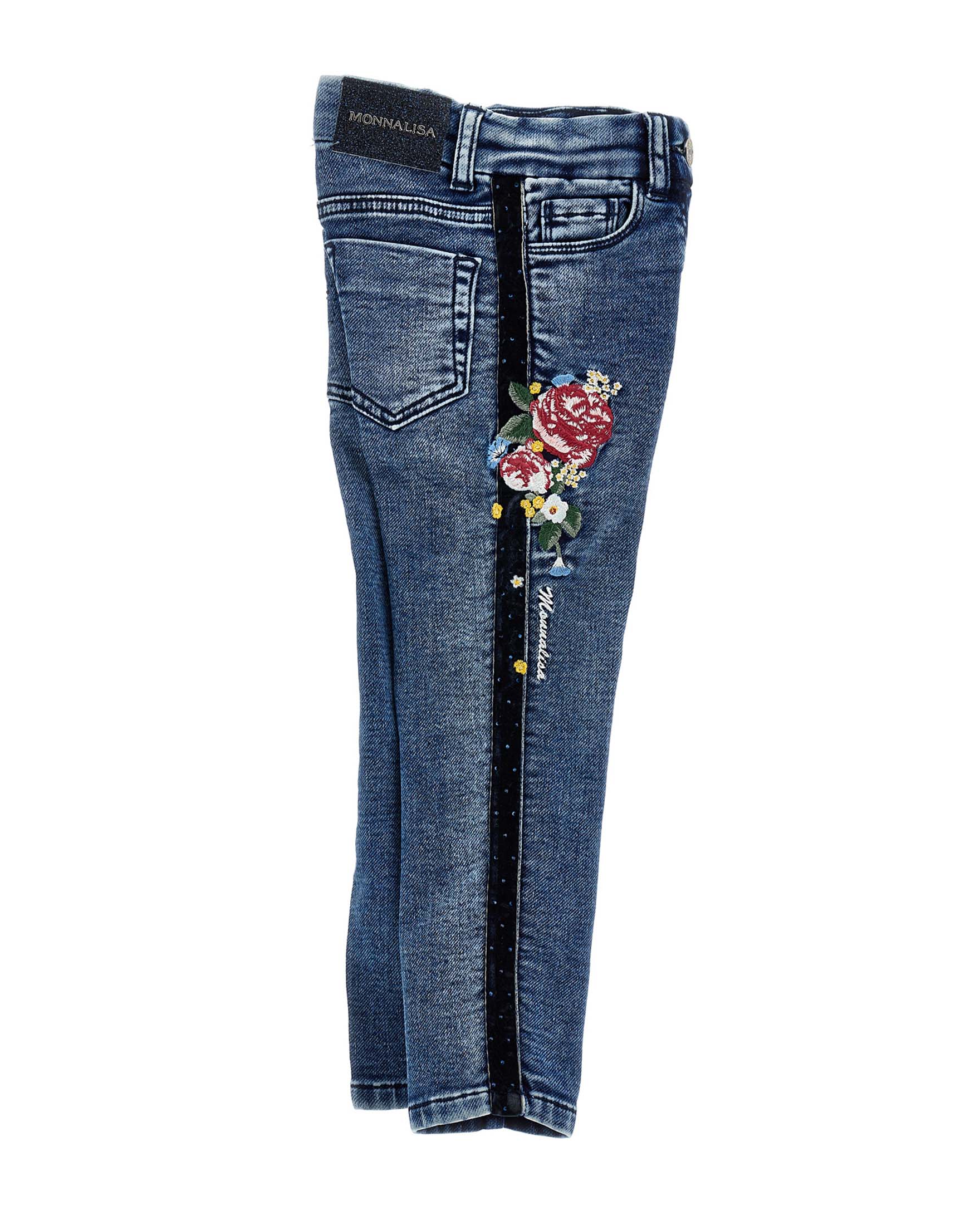 Jeans Monnalisa slim a lavaggio scuro delavé con ricami floreale e bande nere glitterate image