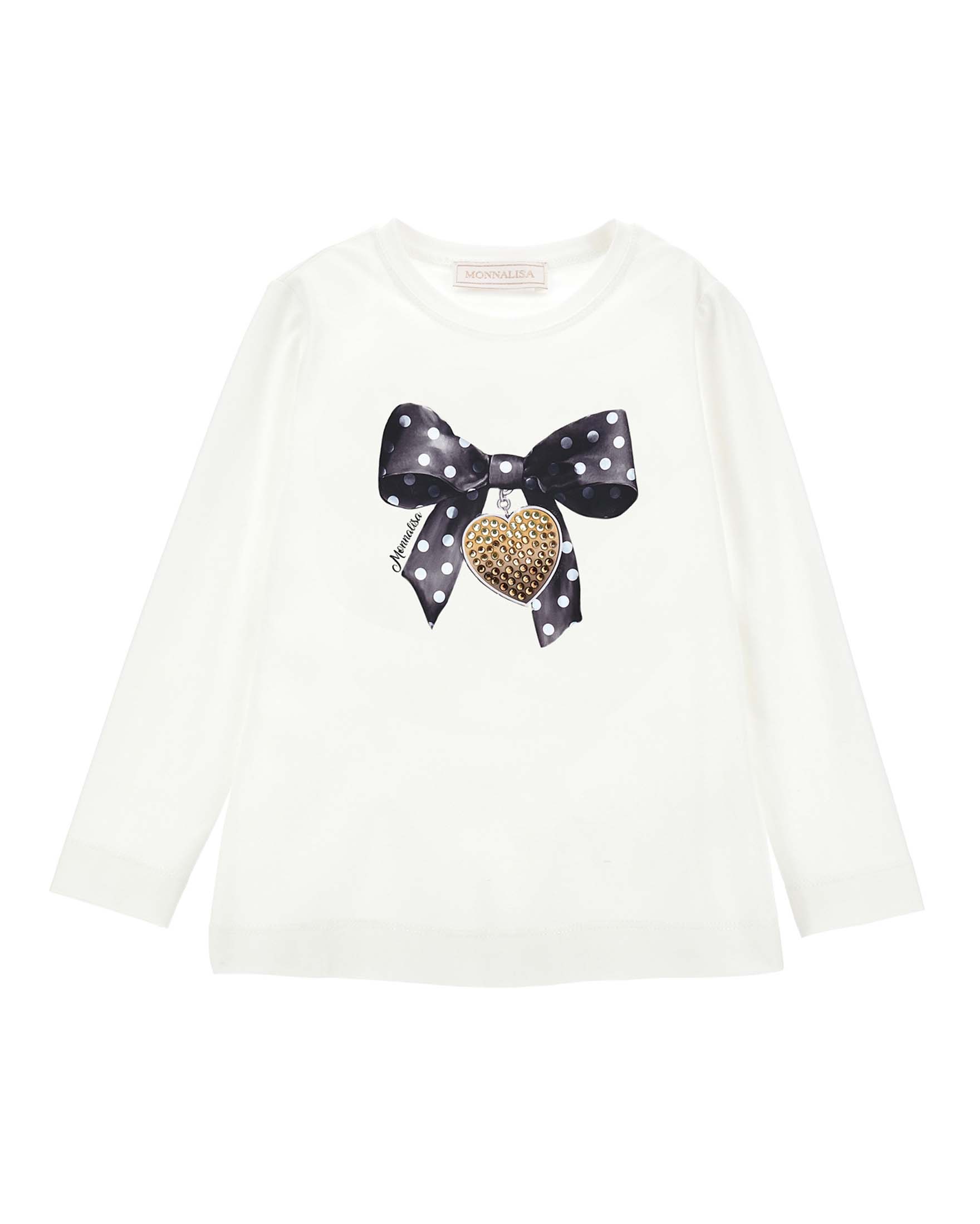 T-shirt Monnalisa bianca in cotone stretch a maniche lunghe con stampa fiocco